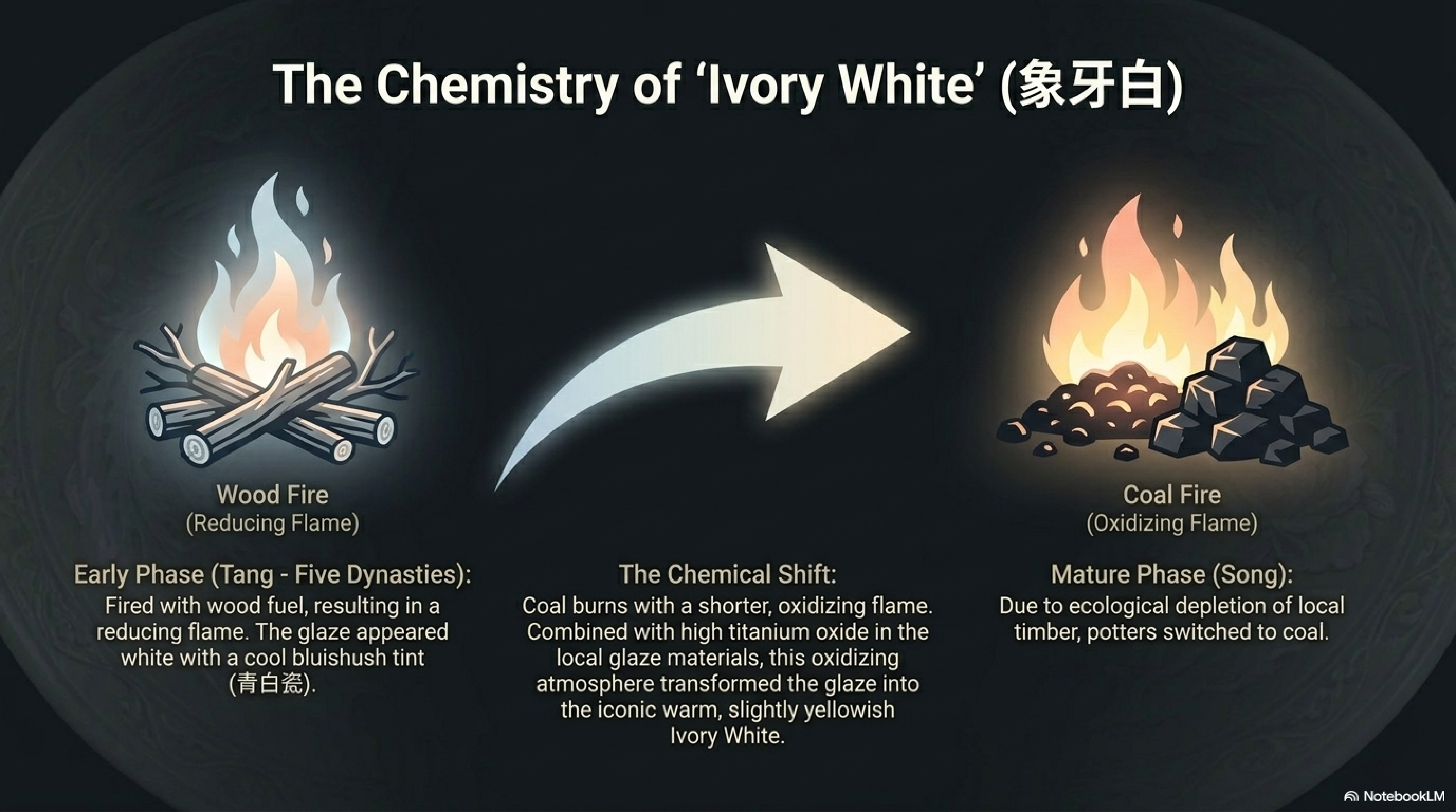 The chemistry of Ding ware's ivory white glaze — the shift from wood-fired reducing atmosphere (bluish-white, 青白) to coal-fired oxidising atmosphere (ivory white, 象牙白) during the Northern Song dynasty