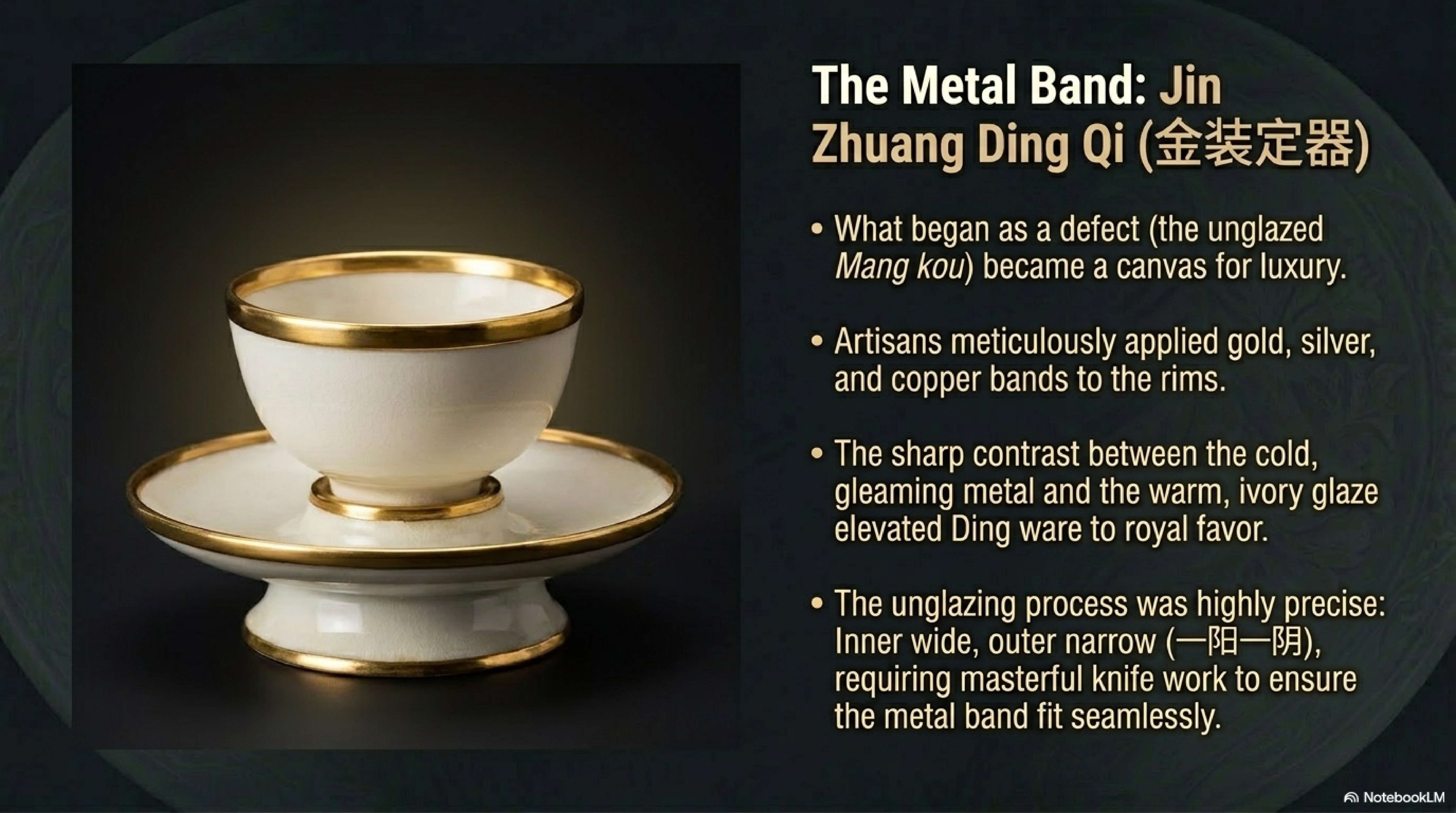Jin Zhuang Ding Qi (金装定器): a fine Song or Jin dynasty Ding ware bowl and saucer with gold metal banding applied to the Mang Kou unglazed rim, set against a dark ground
