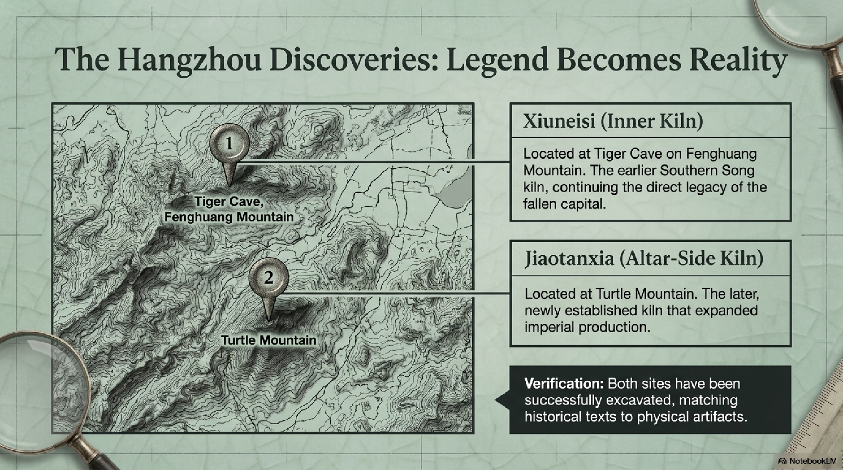 The Hangzhou Discoveries — topographic map showing Tiger Cave and Turtle Mountain kiln sites