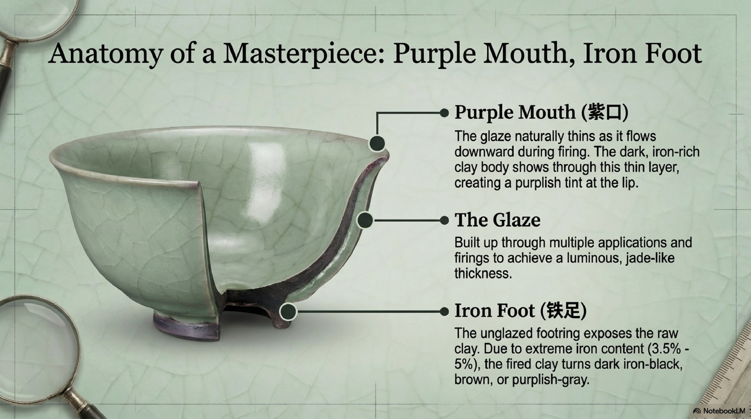 Anatomy of a Song Guan ware bowl — Purple Mouth (紫口), thick glaze, and Iron Foot (铁足) labelled