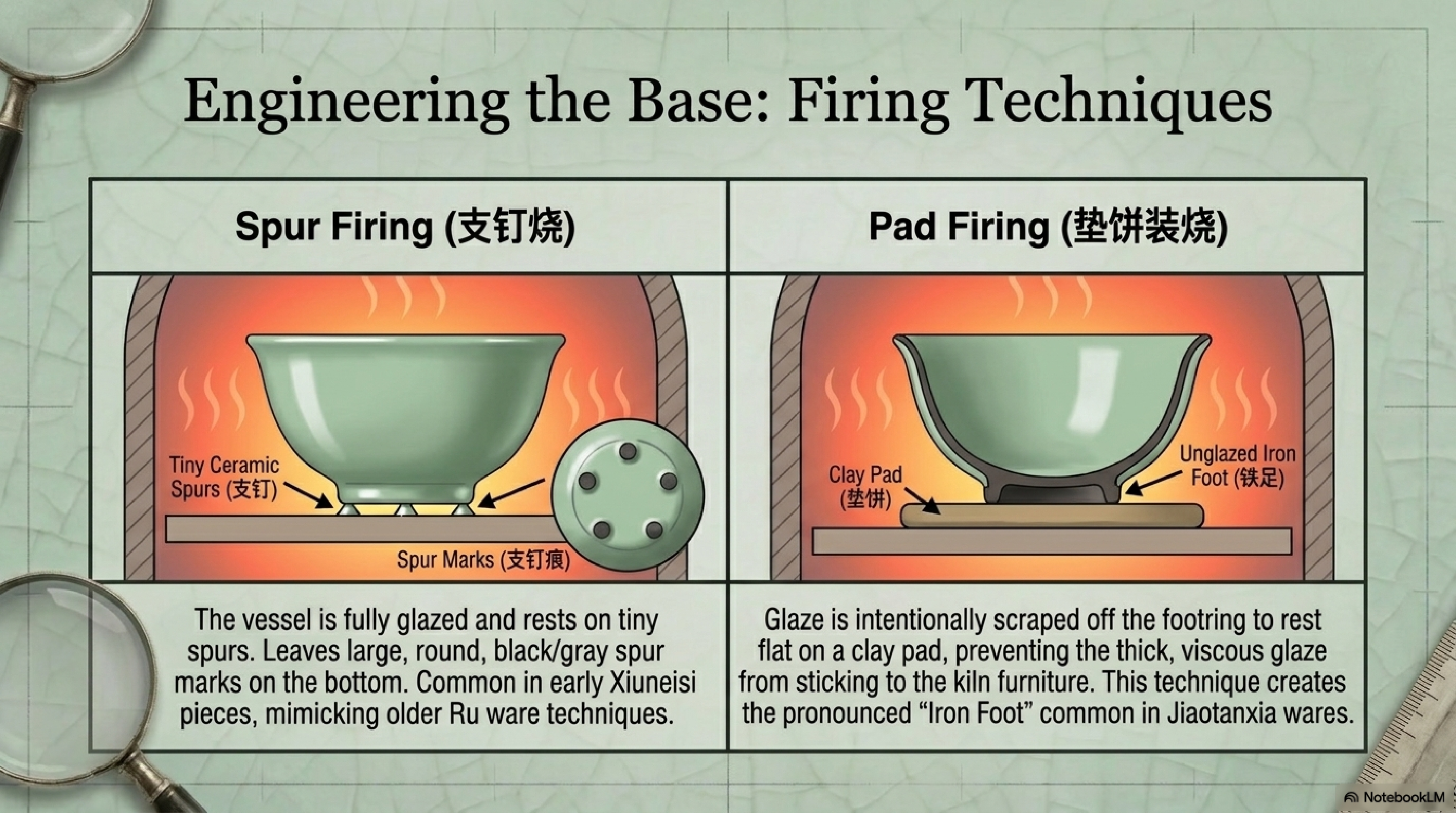 Firing techniques — Spur Firing (支钉烧) versus Pad Firing (垫饼装烧) diagram