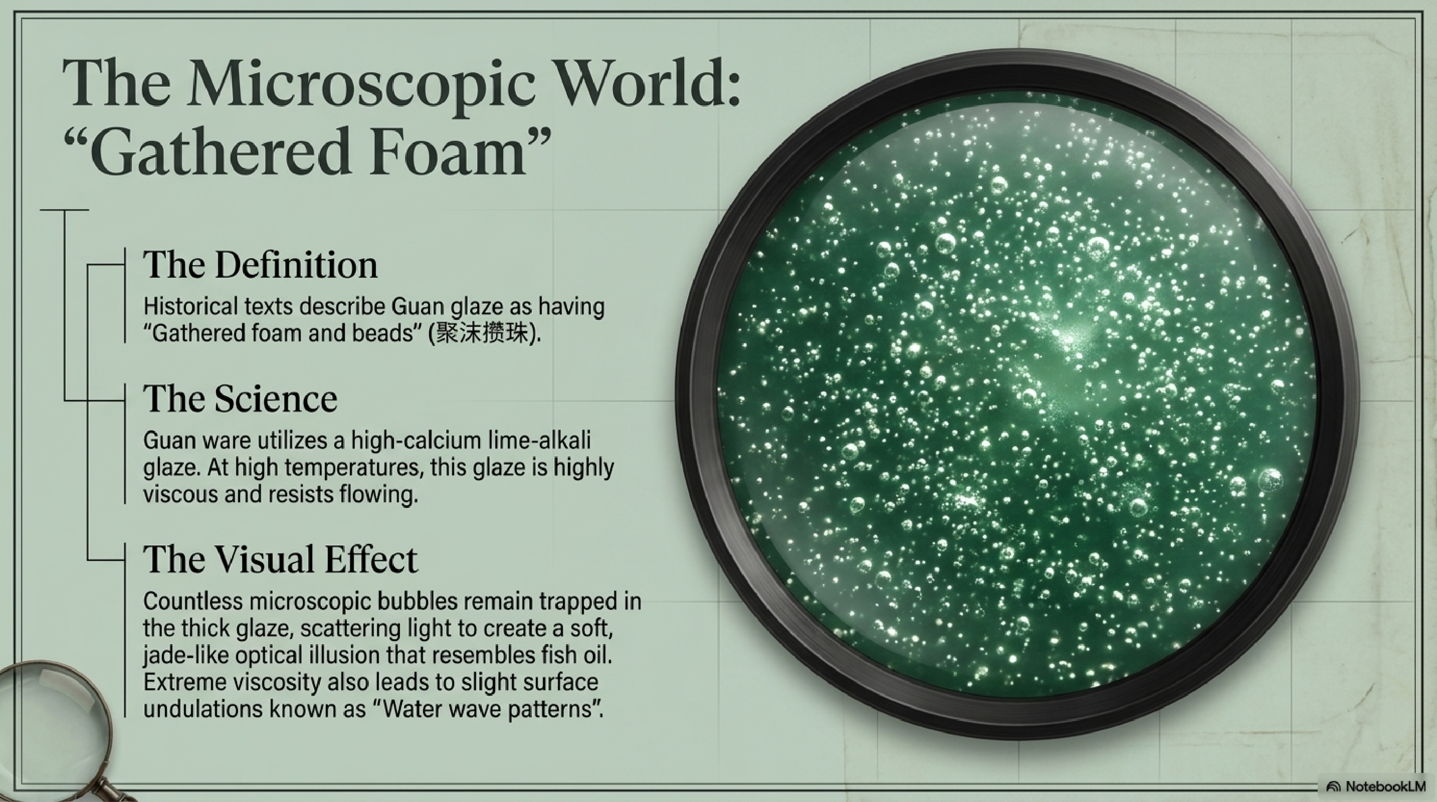 Microscopic view of Song Guan ware glaze — 'Gathered Foam' (聚沫攒珠) micro-bubbles suspended within the thick celadon glaze