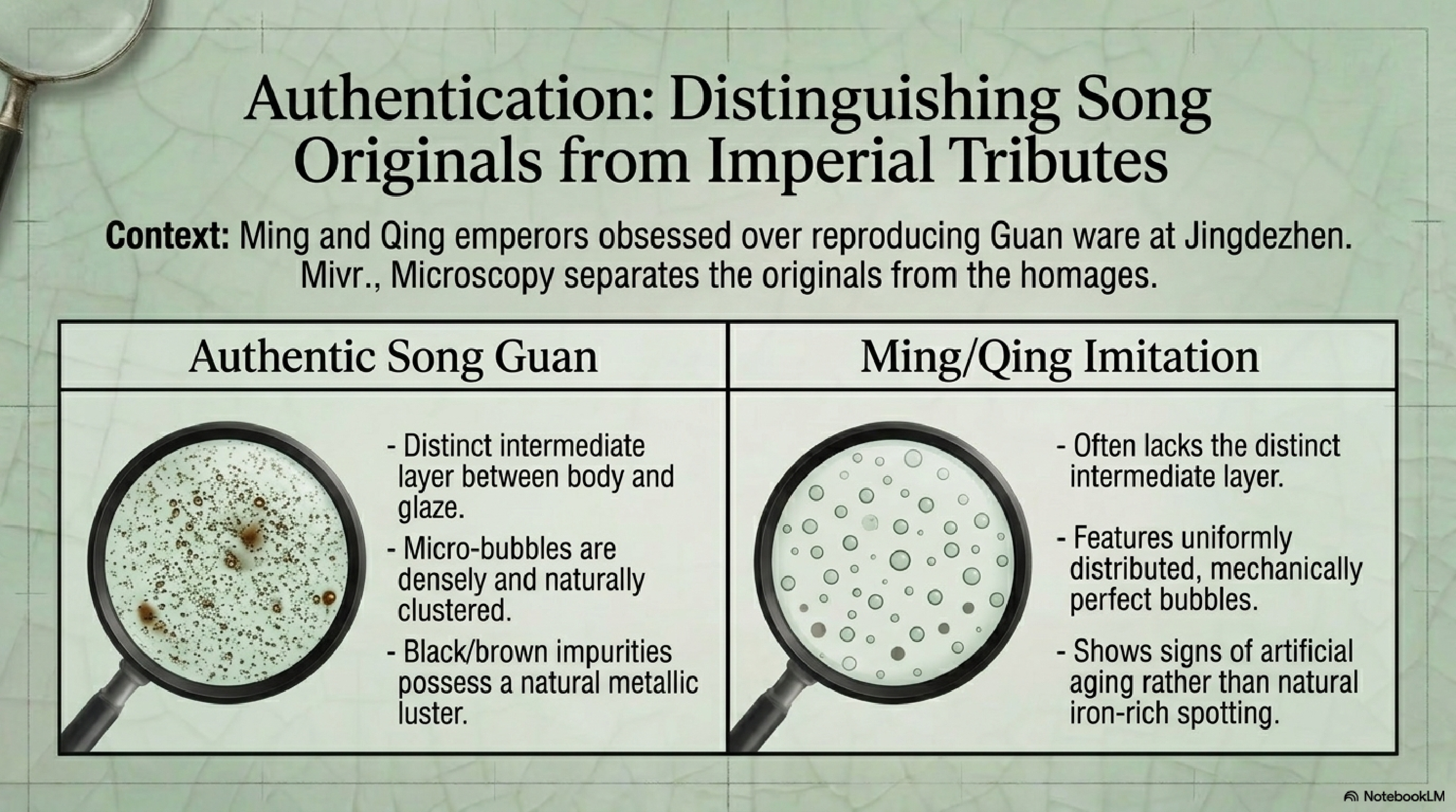 Microscopy comparison — authentic Song Guan ware (left) versus Ming/Qing Jingdezhen imitation (right)
