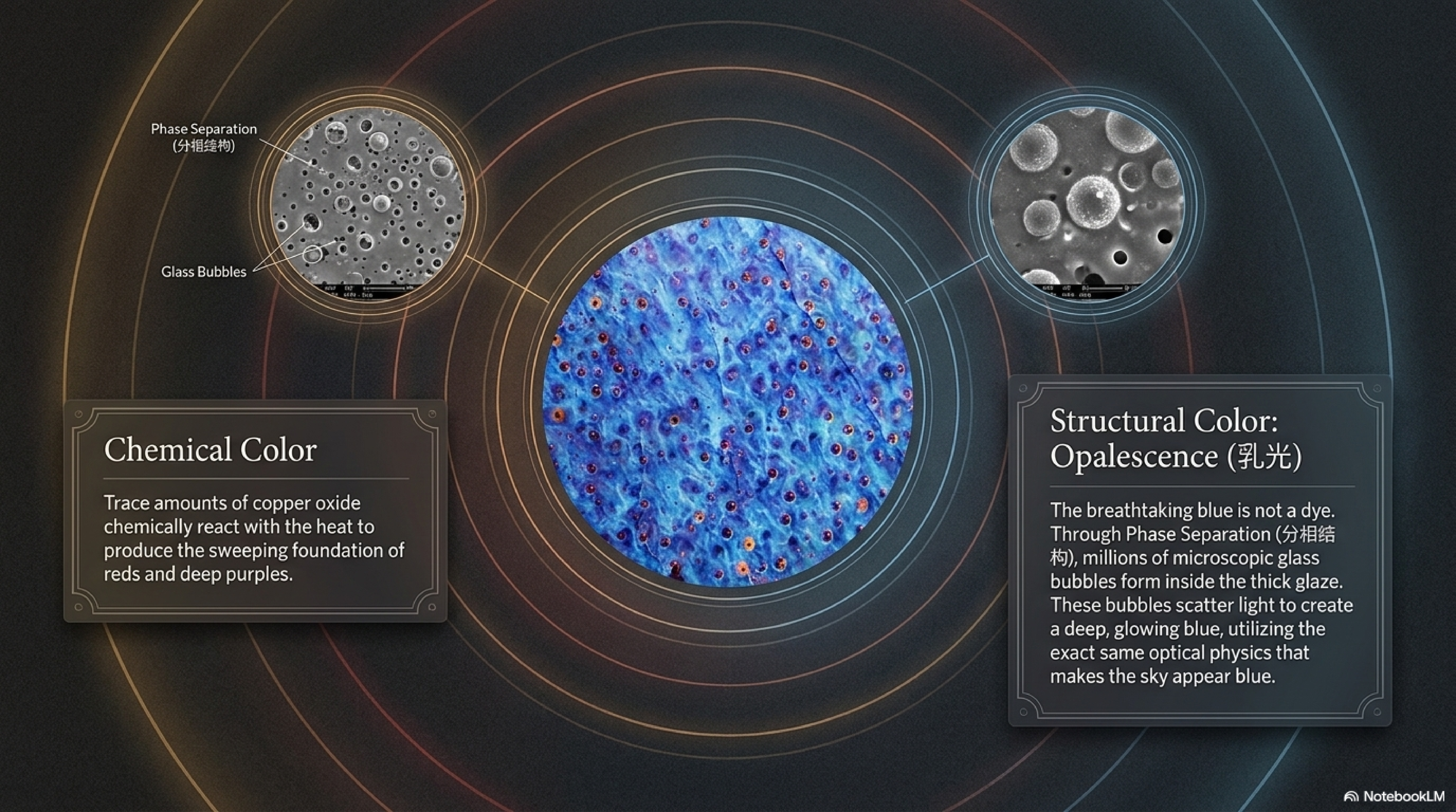 Microscopic cross-section of Jun ware glaze showing phase separation and opalescence