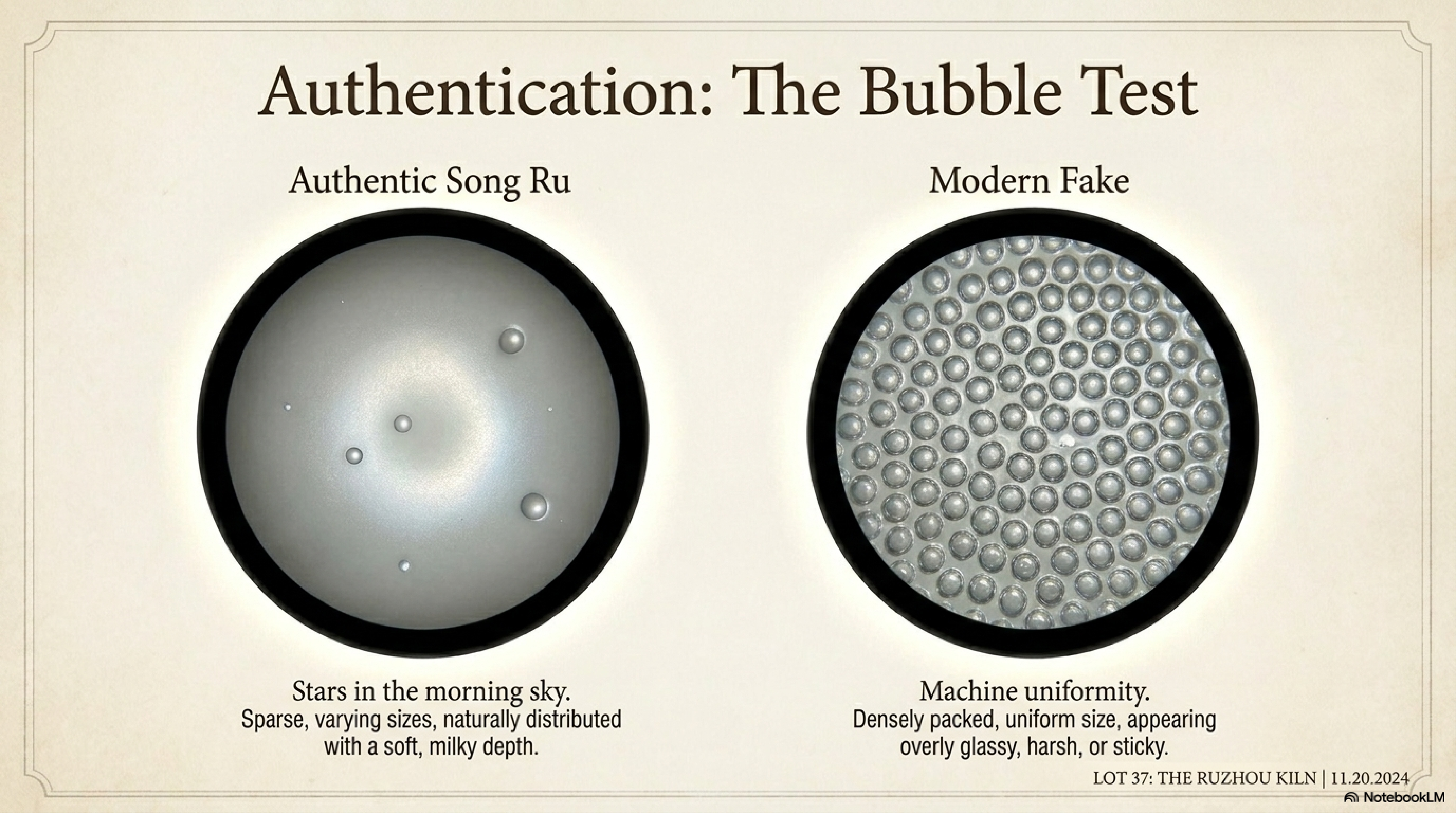 The Bubble Test — authentic Song Ru sparse bubbles versus modern fake dense uniform bubbles under magnification