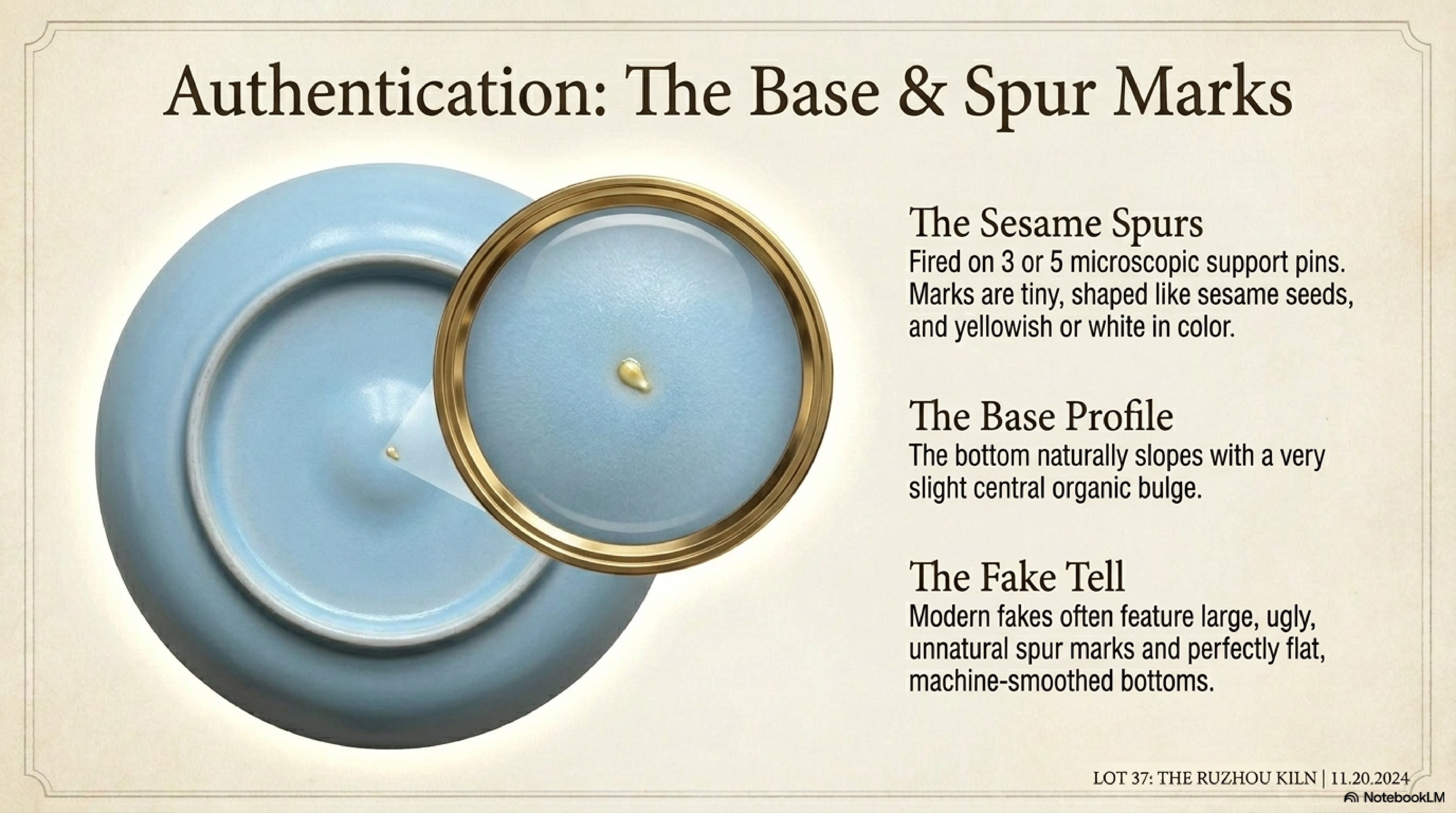 Authentication — base and sesame spur marks: the sesame spurs, base profile, and fake tells