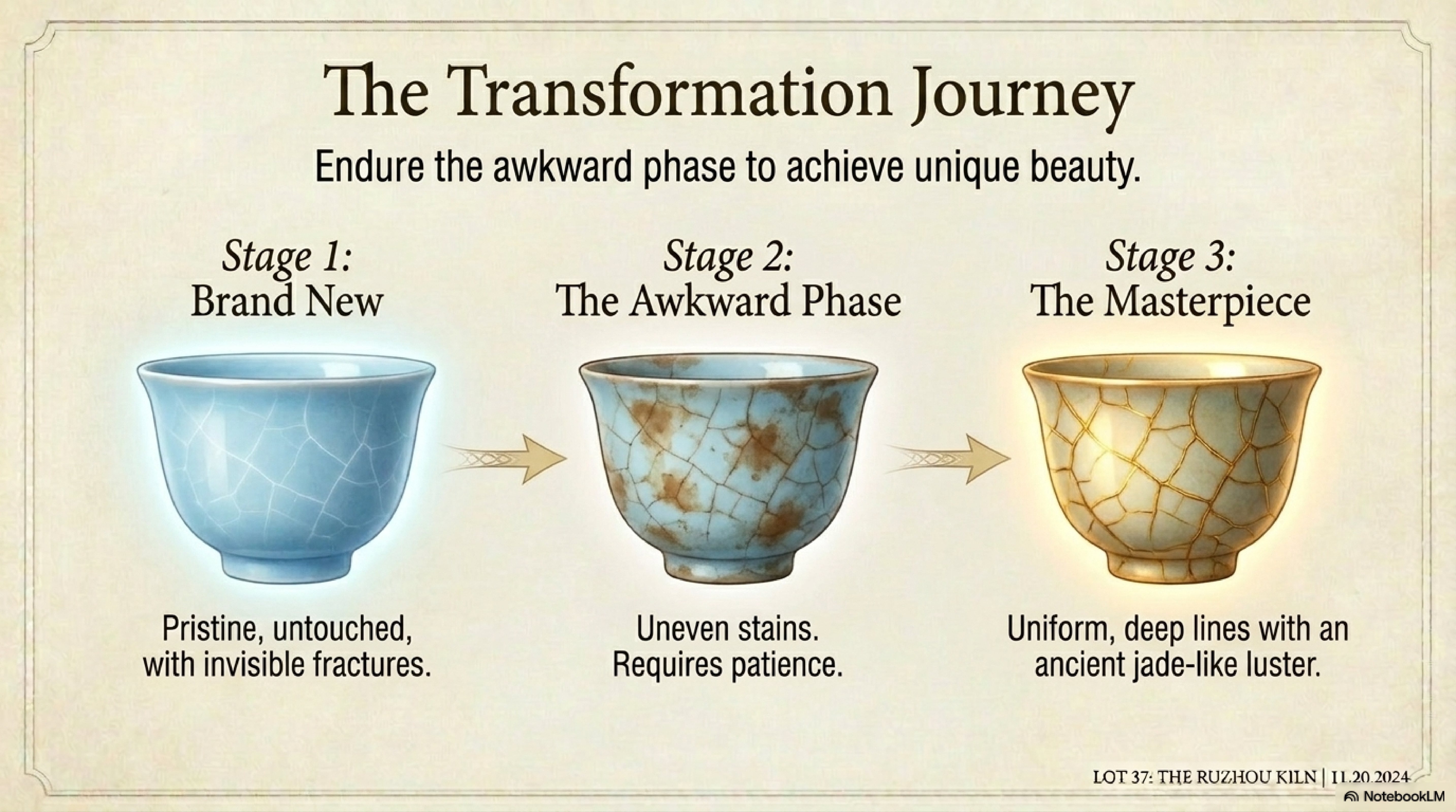 The Transformation Journey — Stage 1 brand new, Stage 2 awkward phase, Stage 3 masterpiece with deep golden crackle lines