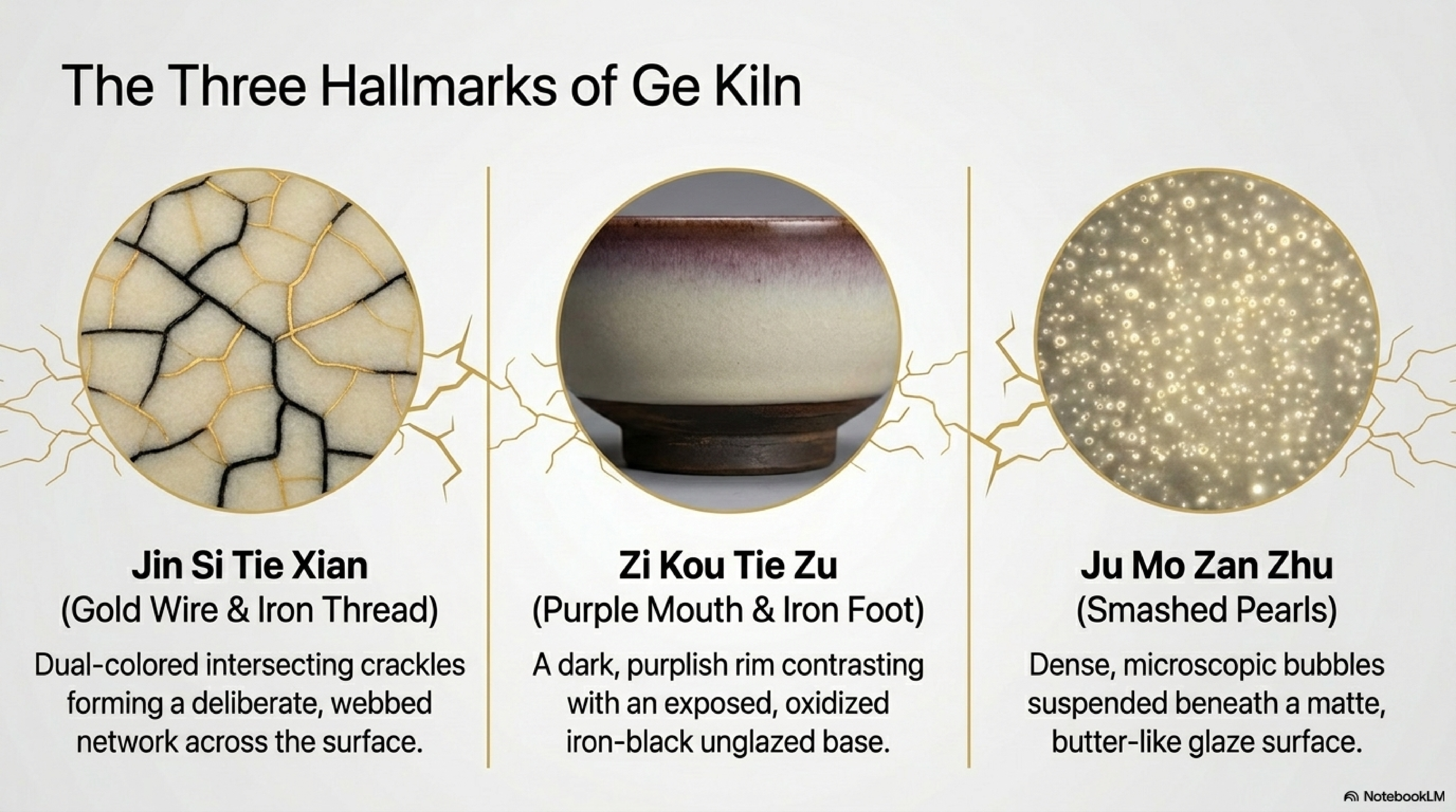The Three Hallmarks of Ge Kiln: Gold Wire and Iron Thread crackle, Purple Mouth and Iron Foot, Smashed Pearls micro-bubbles
