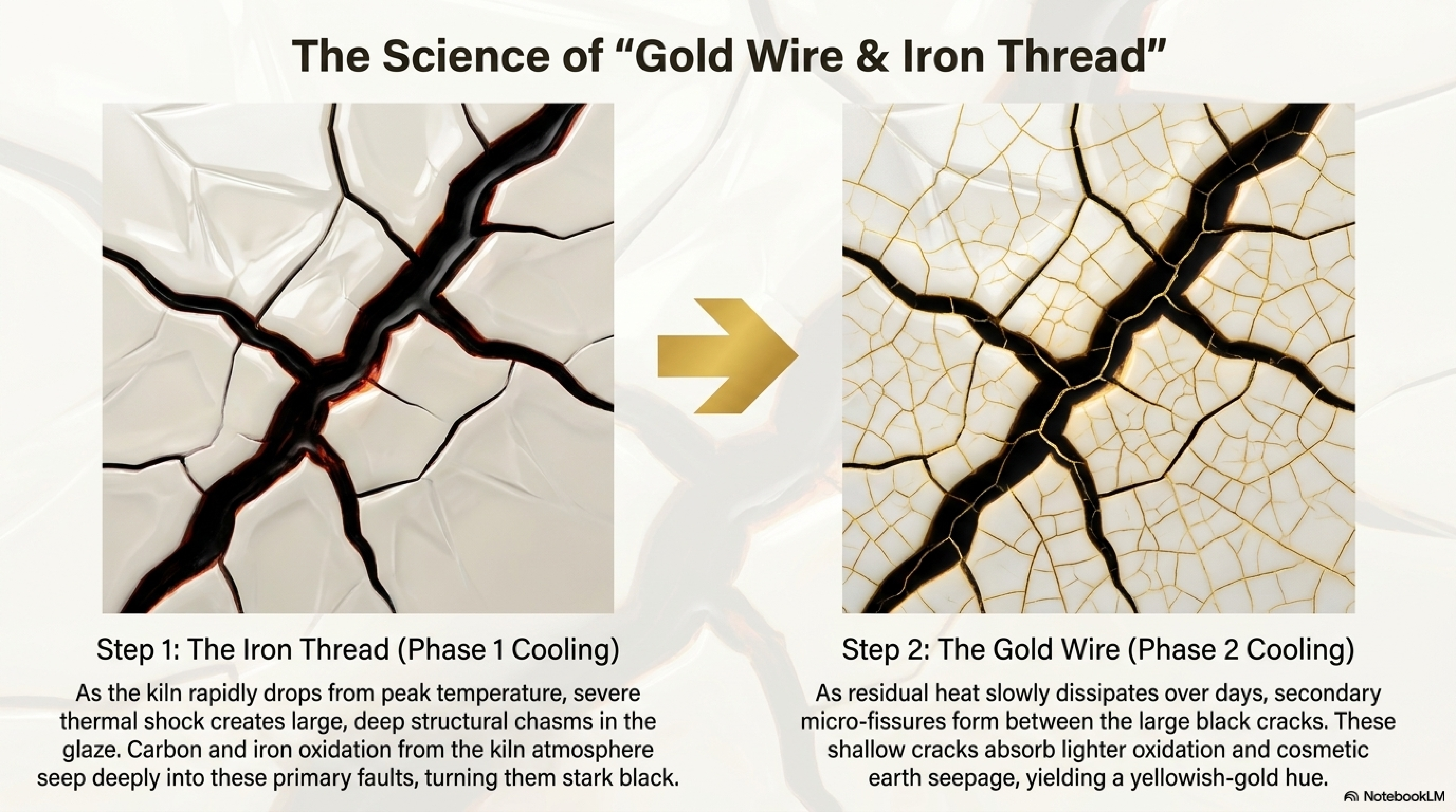 The two-phase cooling science: Phase 1 Iron Thread (large black cracks from rapid cooling) transforming into Phase 2 Gold Wire (fine gold micro-fissures from slow residual cooling)