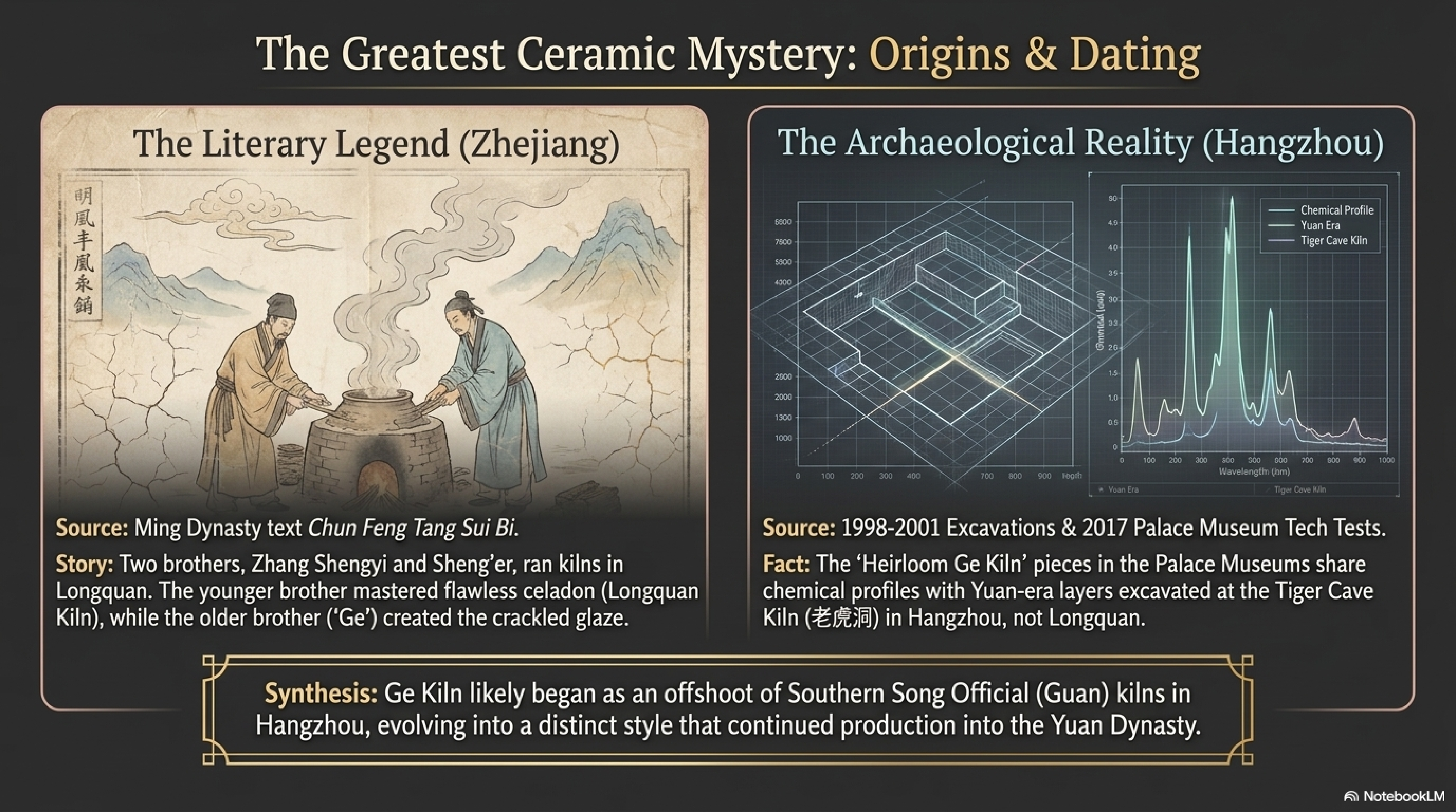 Origins and Dating: Literary Legend versus Archaeological Reality — diagram comparing Zhejiang and Hangzhou evidence
