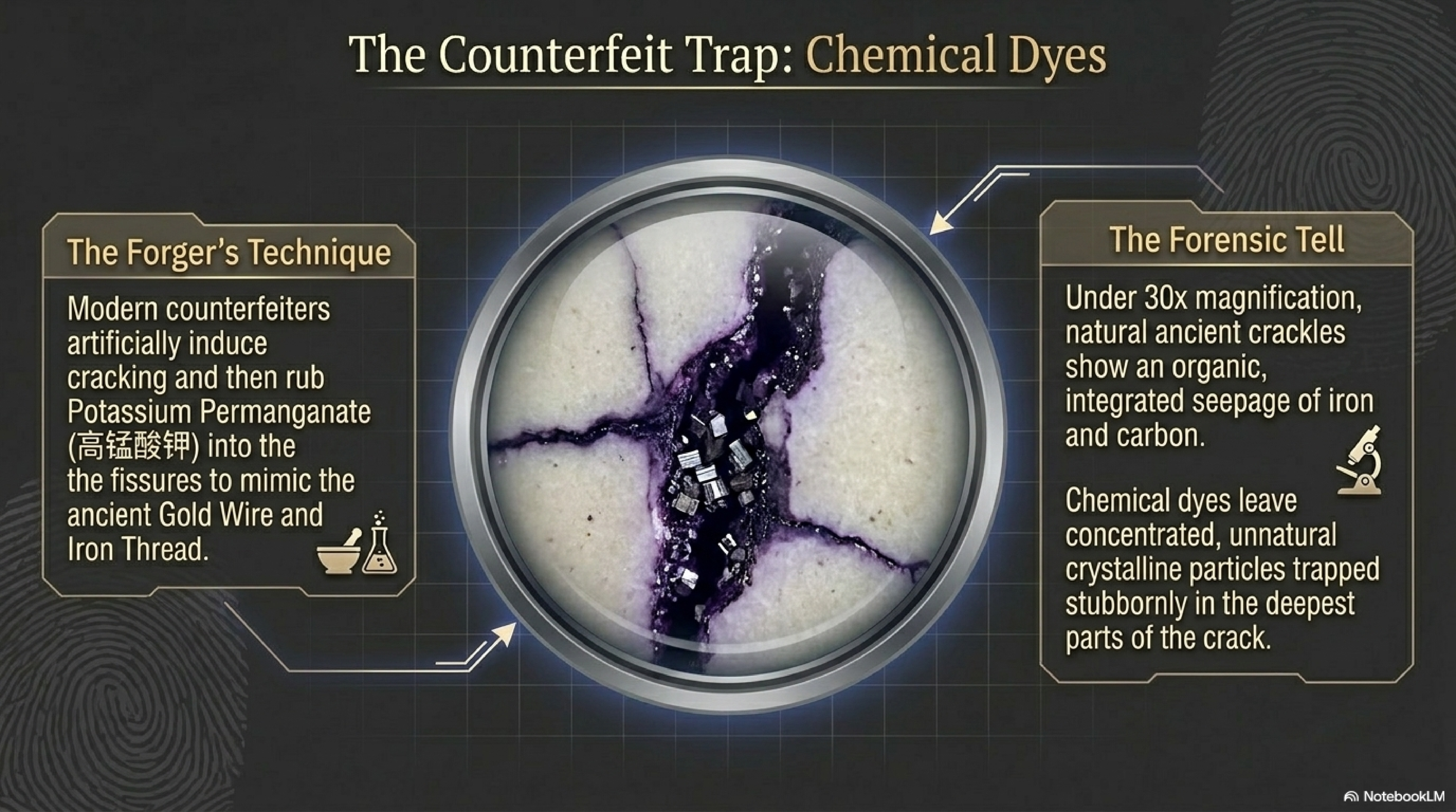 Microscopic comparison: genuine ancient crackle (organic iron and carbon seepage) versus chemical dye forgery (crystalline potassium permanganate deposits)