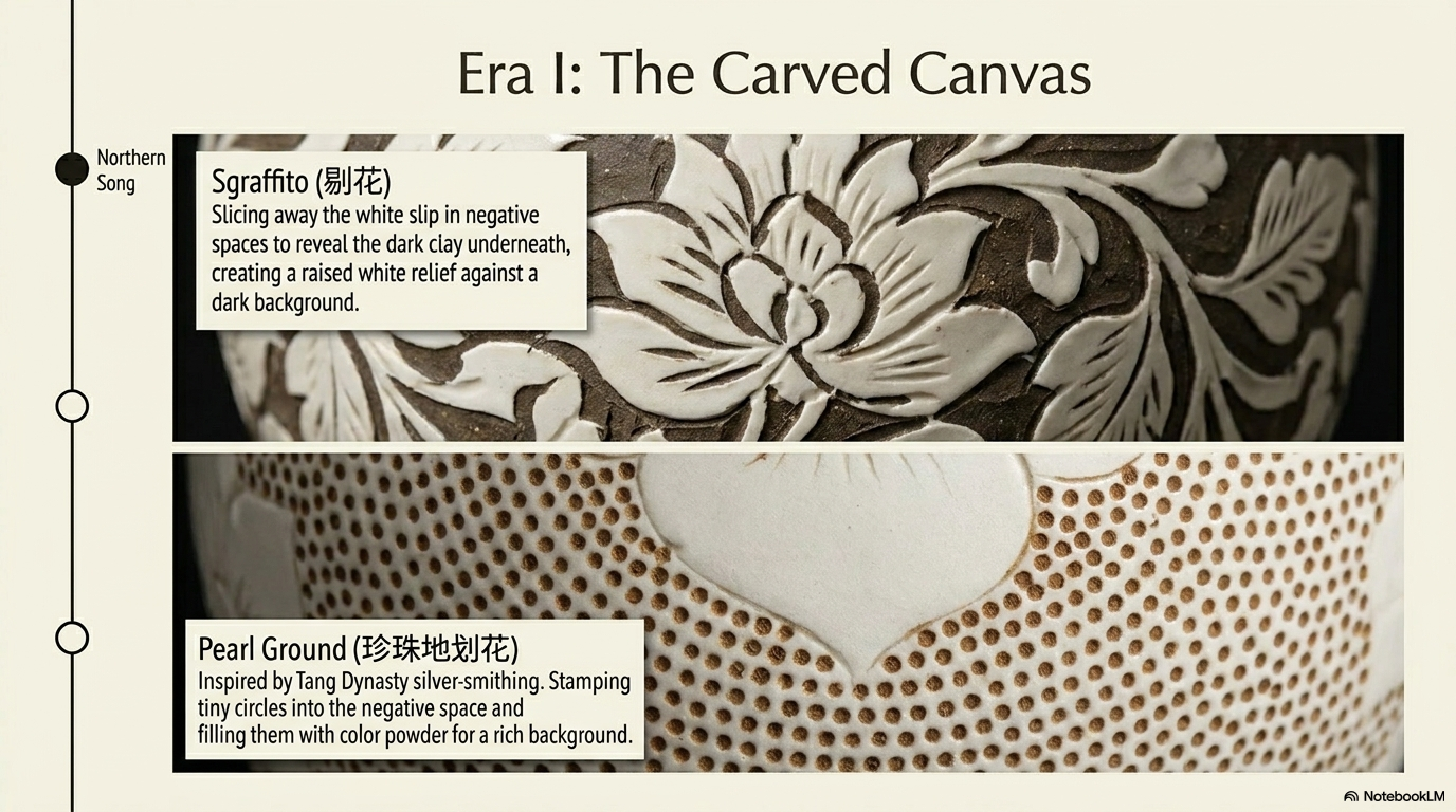 Comparison of the five Cizhou decorative types — black-on-white, sgrafitto, red-green overglaze, peacock blue, and pearl ground