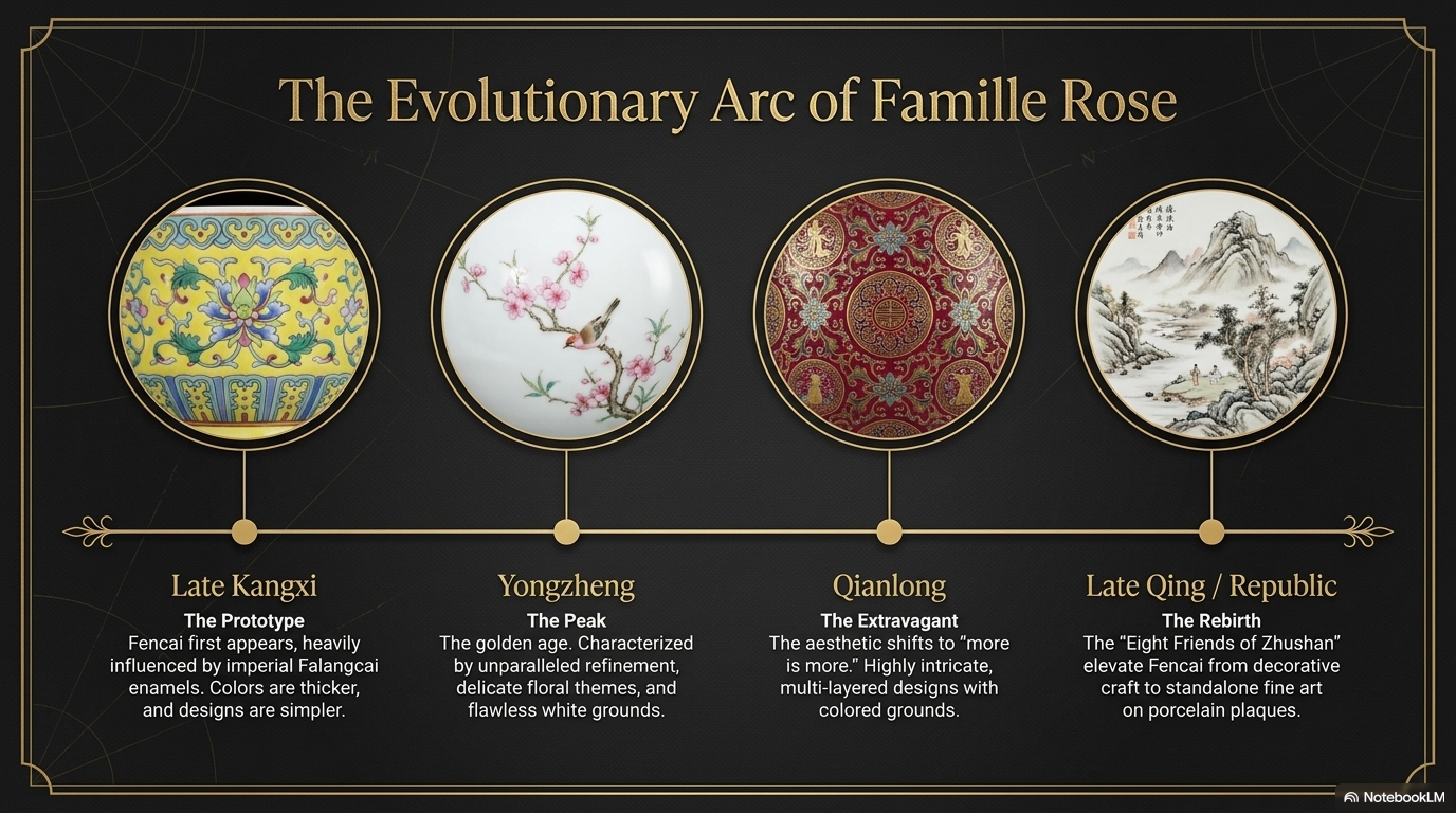 Famille Rose technical process — Stage 1: 玻璃白 opaque white applied; Stage 2: colour applied over white; Stage 3: 洗染 soft-brush blending; Stage 4: 700-850°C low-fire kiln
