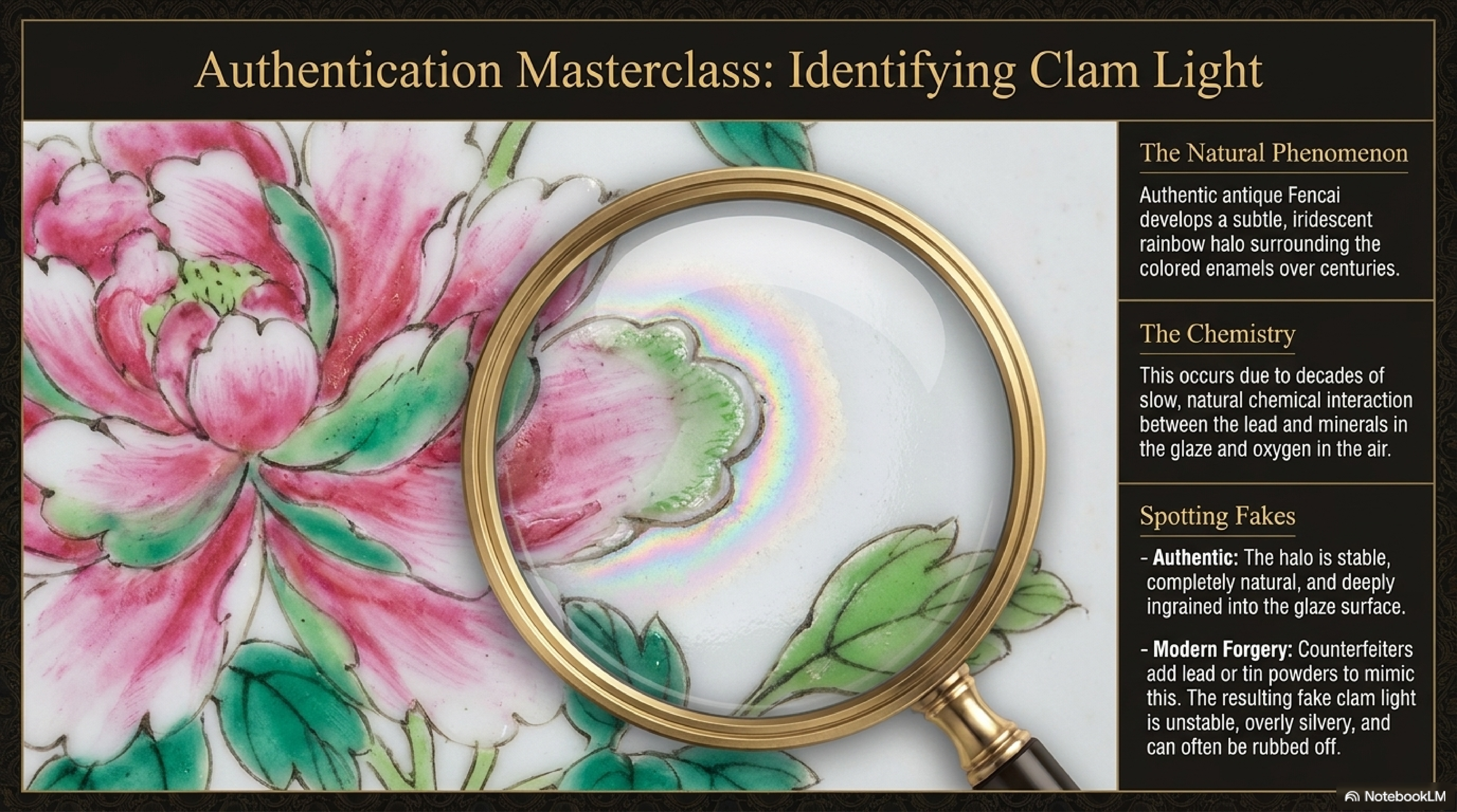 Famille Rose authentication — 蛤蜊光 iridescence on aged enamel, 浮光 fire-flash on new piece, magnified 洗染 quality comparison between genuine and reproduction