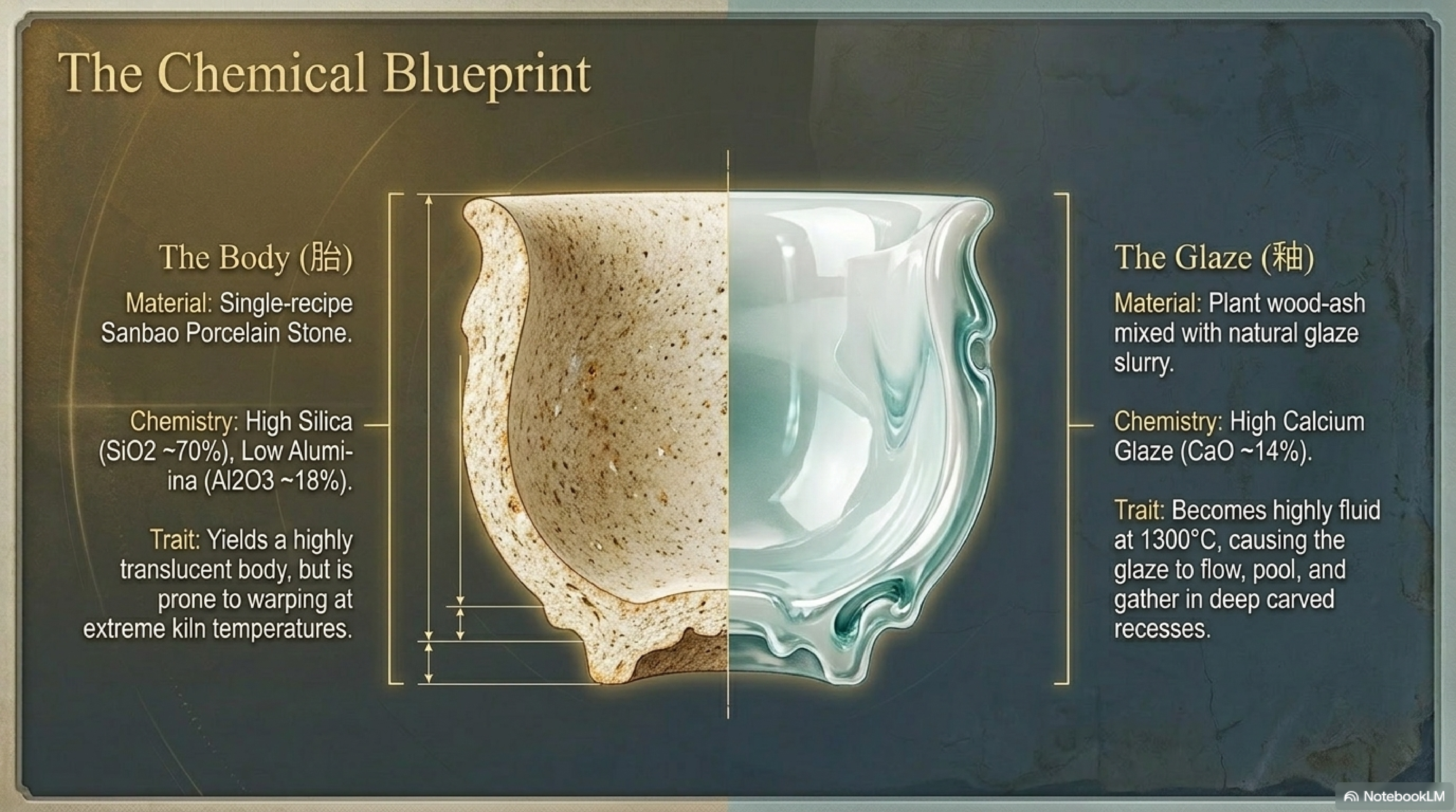 High-calcium glaze pooling effect — where glaze is thin it appears white, where it pools in carved channels it deepens to blue-green, making the interior carving visible as colour contrast