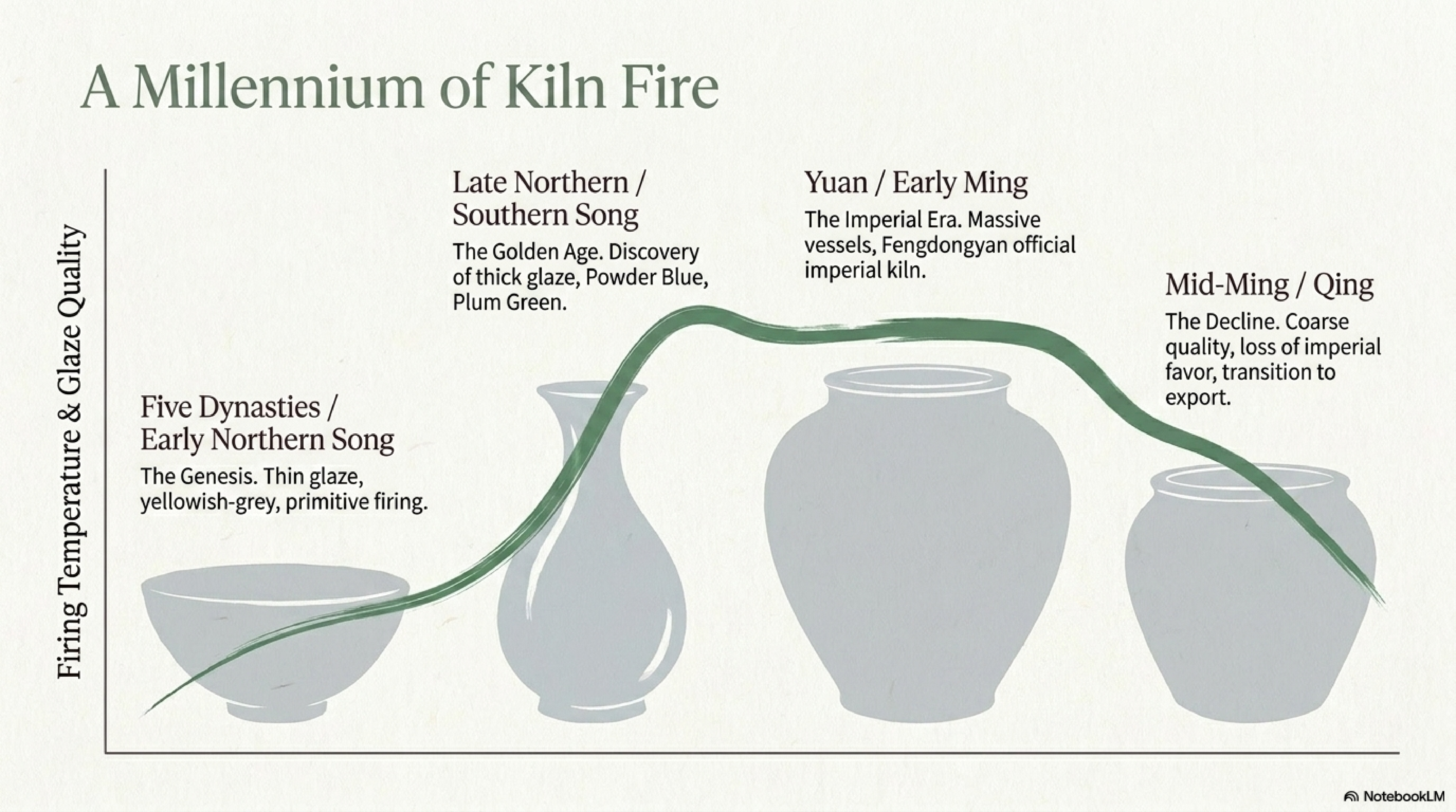 Timeline of Longquan celadon quality across dynasties — Five Dynasties genesis through Southern Song golden age to Yuan imperial era and Ming decline