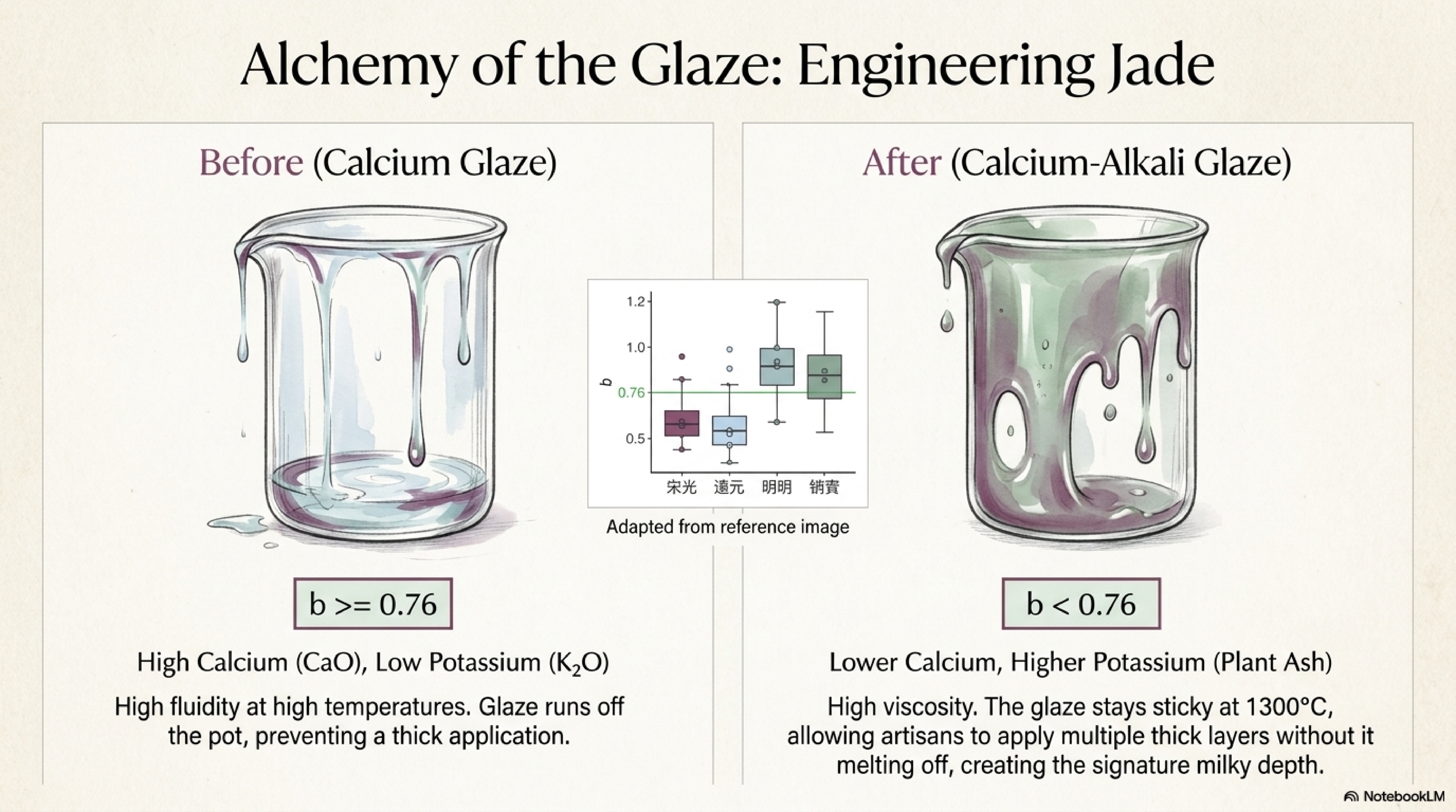 Glaze chemistry comparison — Early calcium glaze (high fluidity, thin application) versus Southern Song calcium-alkali glaze (high viscosity, multiple thick layers possible)