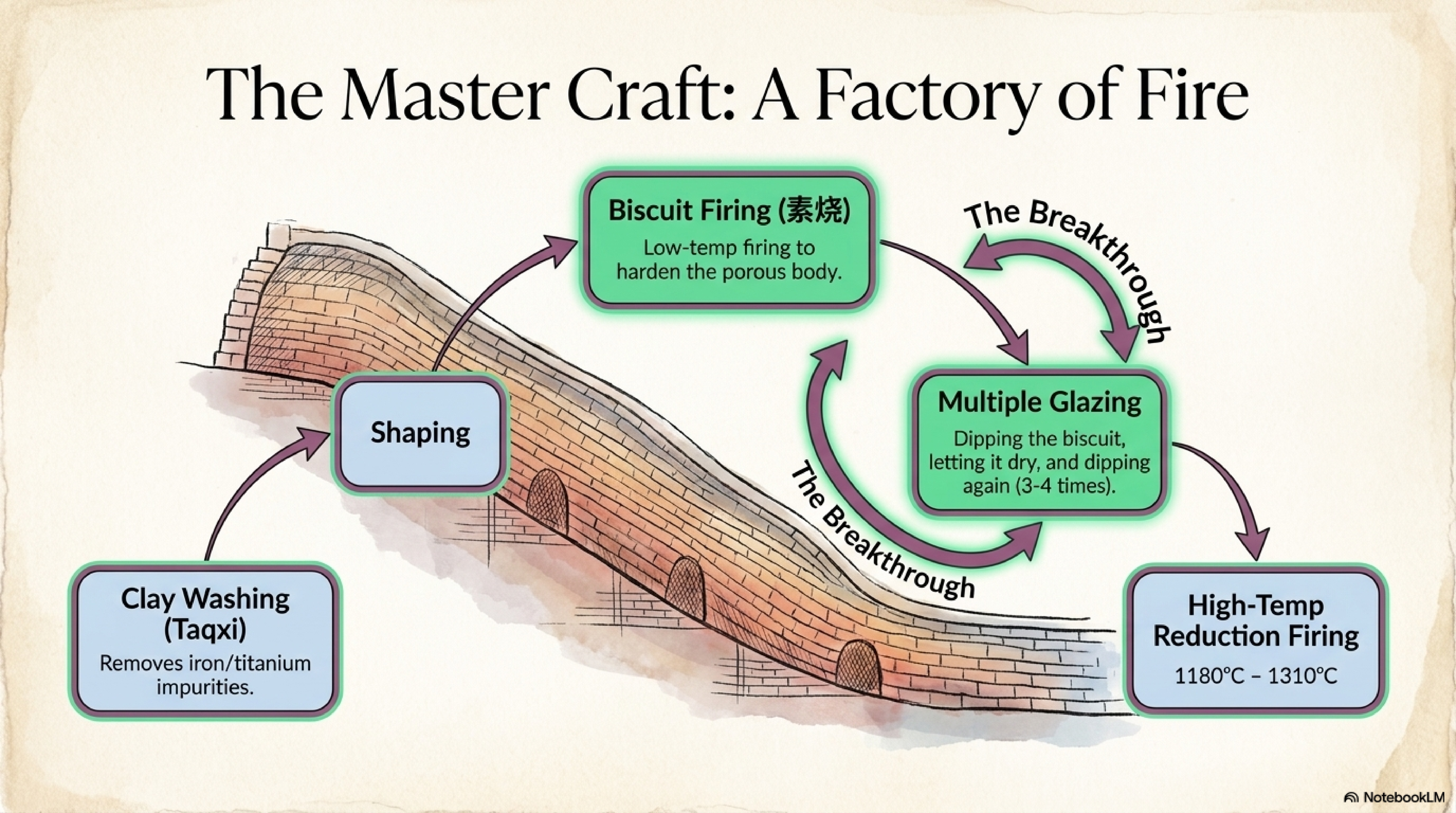 Longquan production cycle — shaping, clay washing (taqxi), biscuit firing (bisque), multiple glazing, and high-temperature reduction firing at 1180–1310°C in a dragon kiln