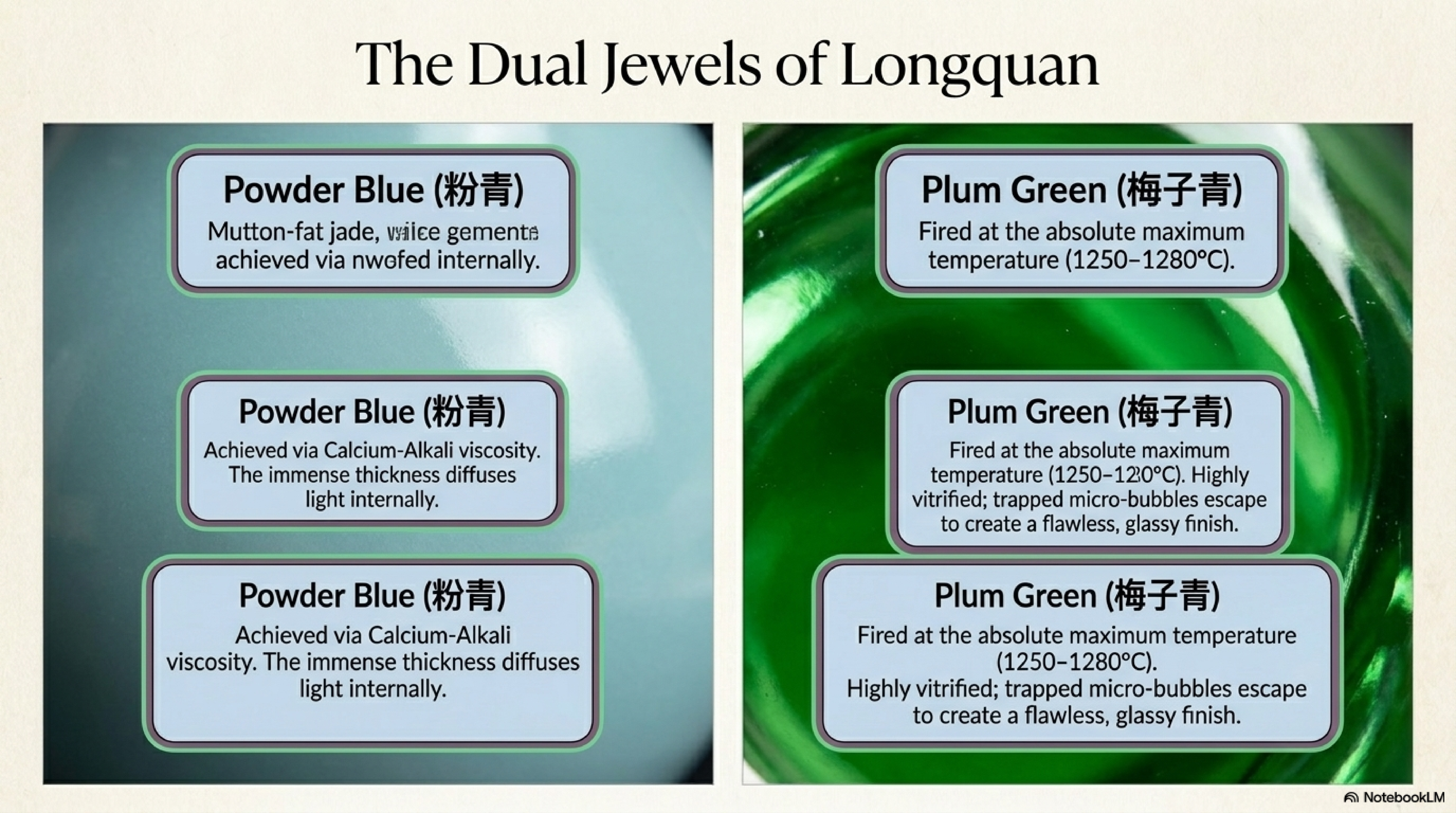 The Dual Jewels of Longquan — Powder Blue (粉青) versus Plum Green (梅子青) glaze comparison with actual glaze photographs