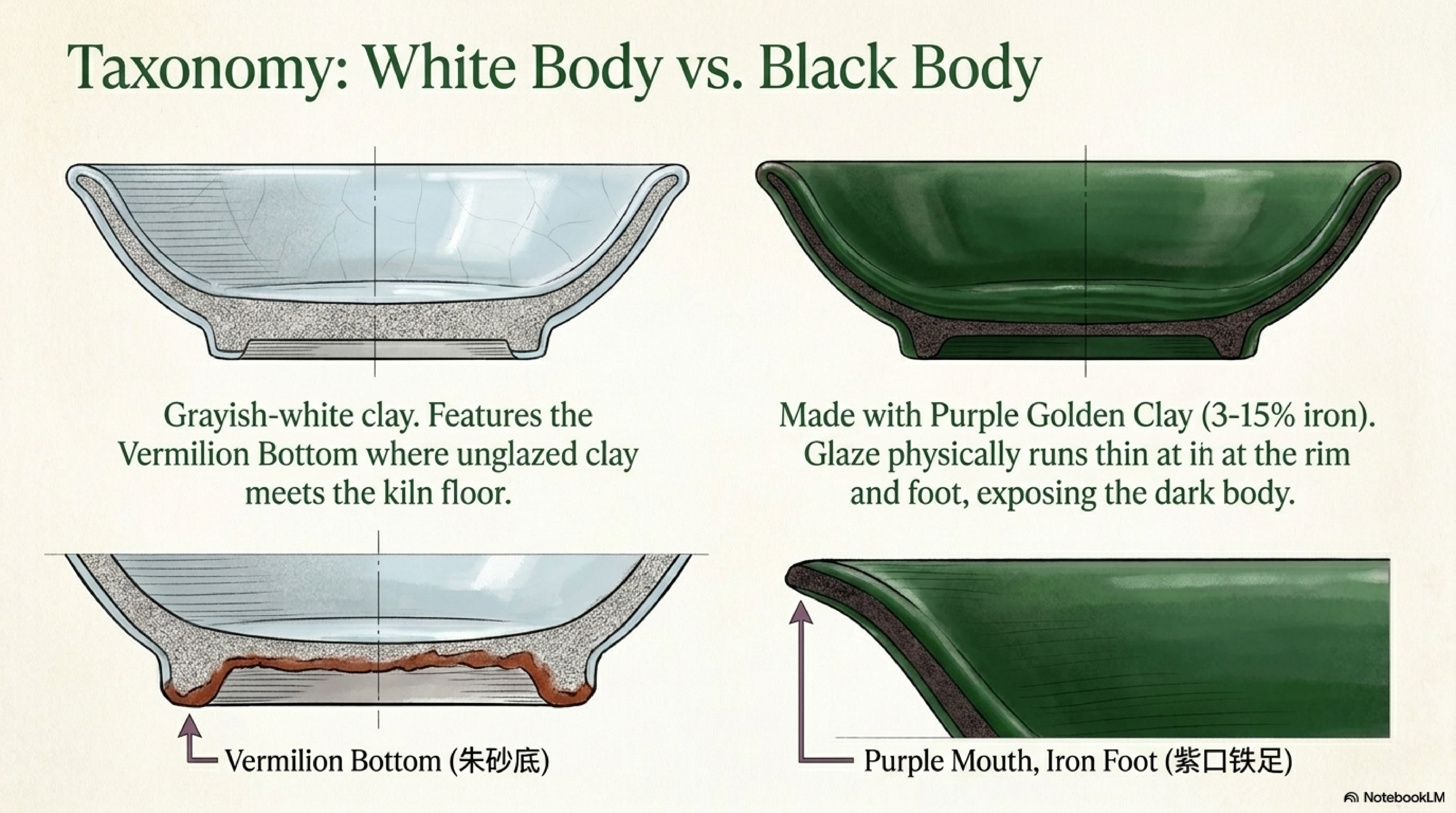 Taxonomy of Longquan body types — white body with Vermilion Bottom (朱砂底) versus black body with Purple Mouth and Iron Foot (紫口铁足)