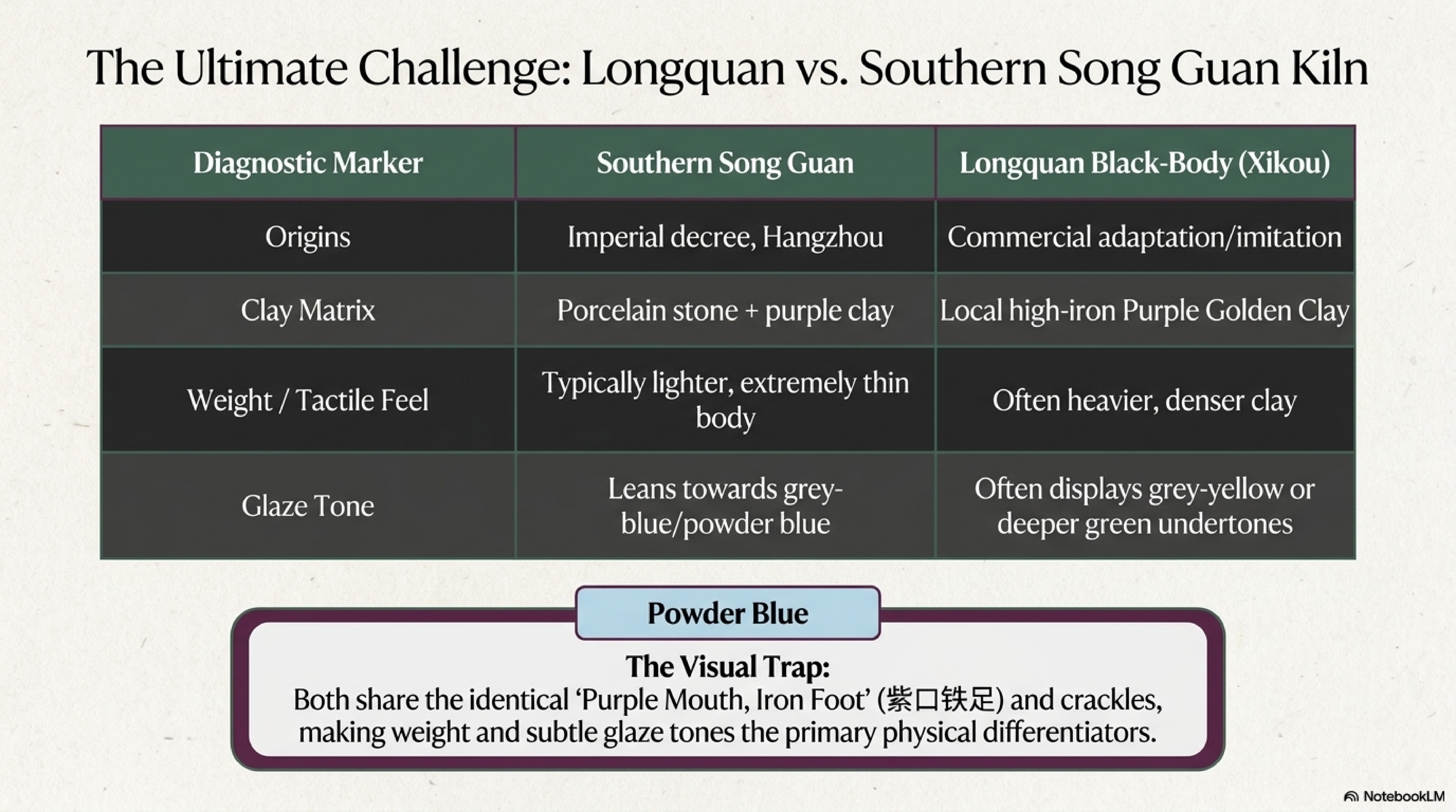 Longquan black-body (Xikou) versus Southern Song Guan ware comparison table — diagnostic markers for clay matrix, weight, glaze tone