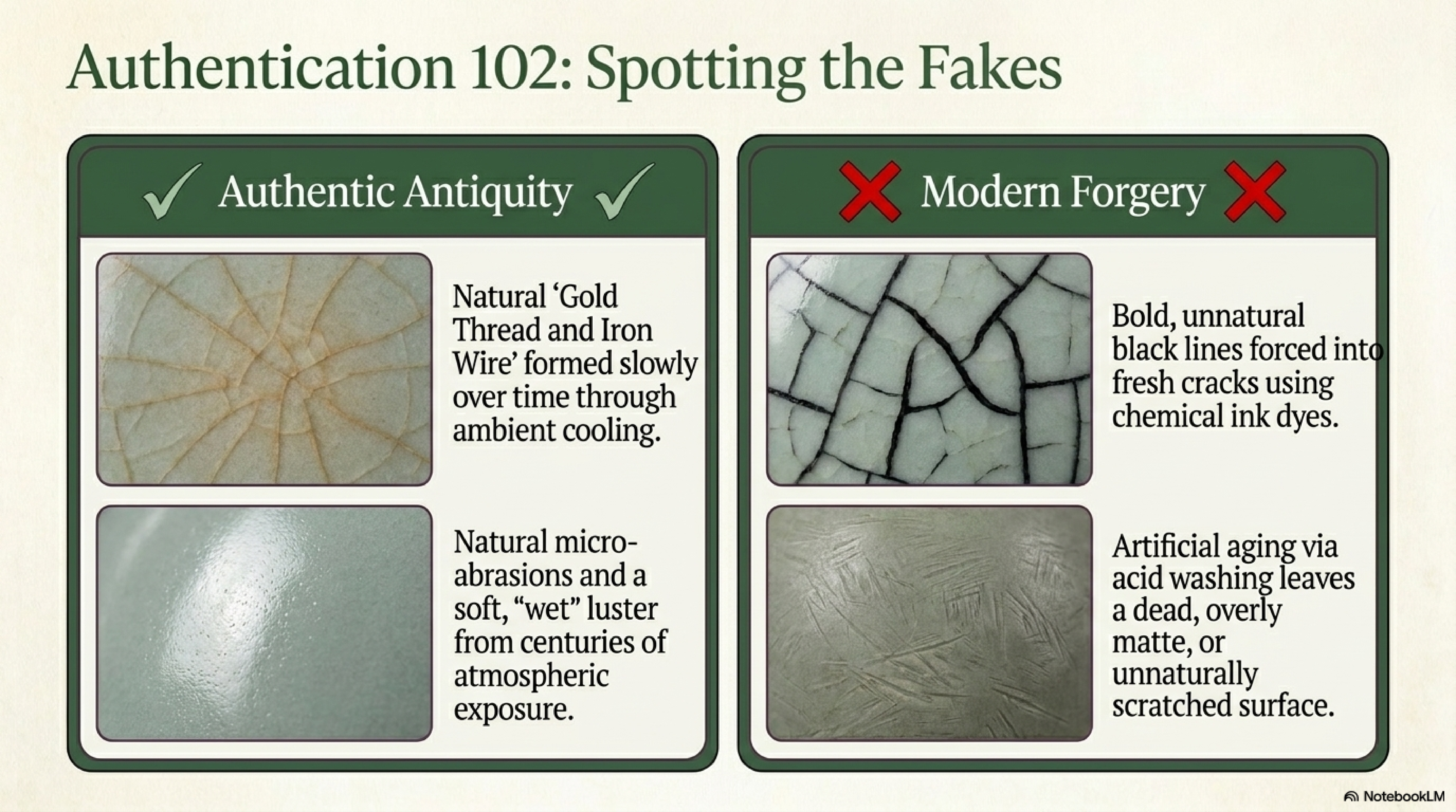 Spotting Longquan fakes — authentic natural crackle and micro-abrasion surface versus modern forgery with chemical ink dyes and acid-washed surface