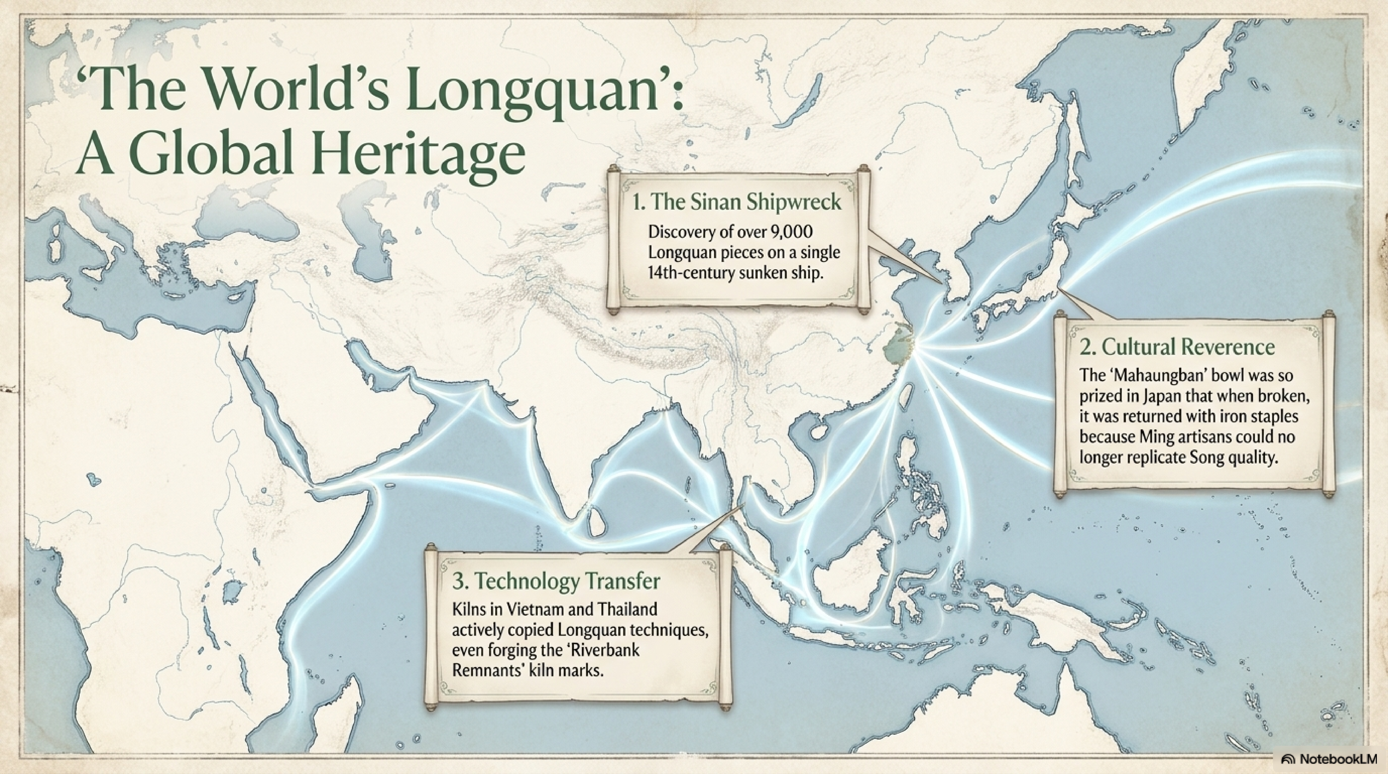 Longquan celadon global heritage — the Sinan Shipwreck (9,000+ pieces), cultural reverence in Japan, technology transfer to Vietnam and Thailand