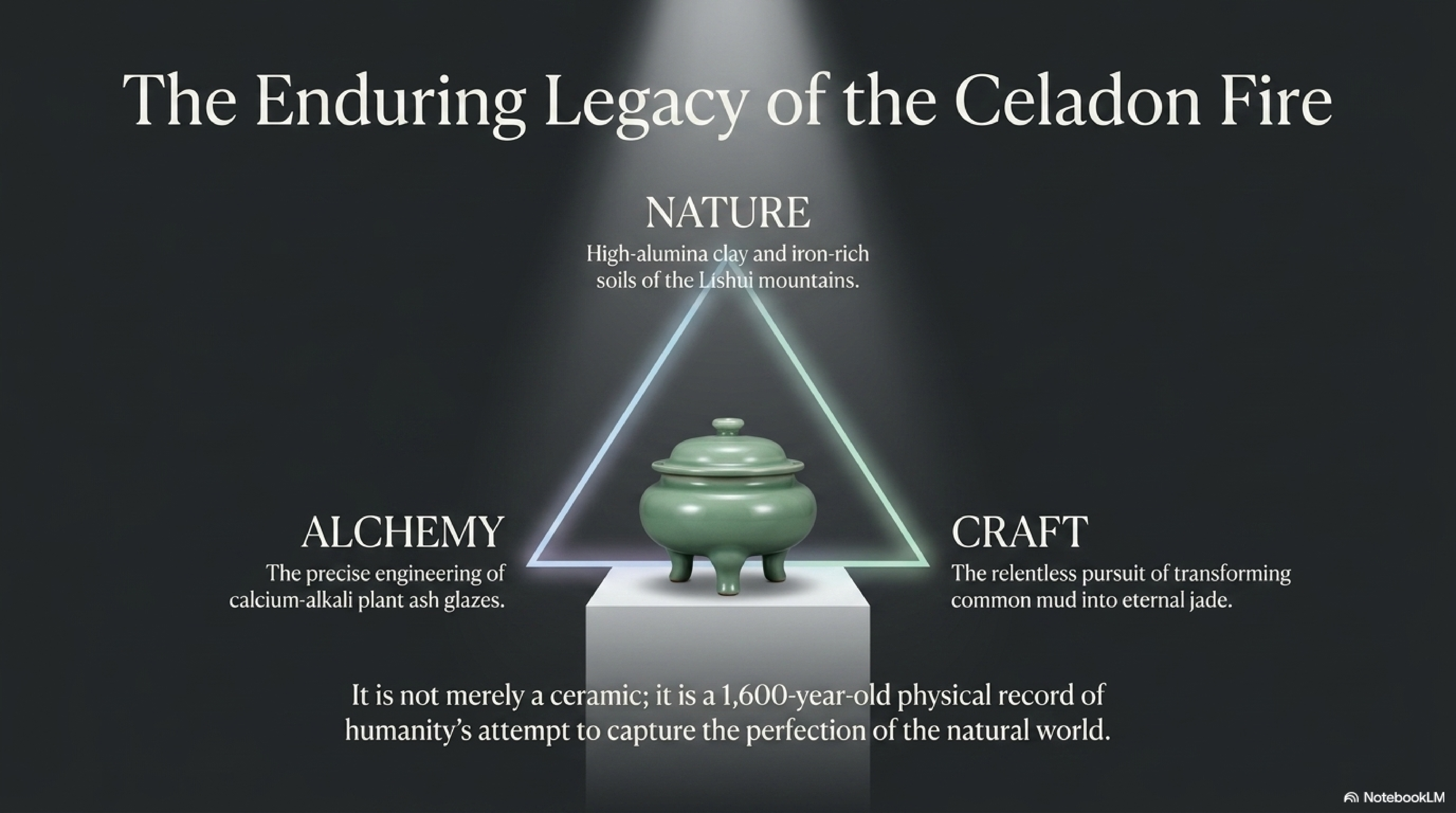 The Enduring Legacy — Longquan celadon as the convergence of Nature (clay), Alchemy (glaze), and Craft (firing mastery)