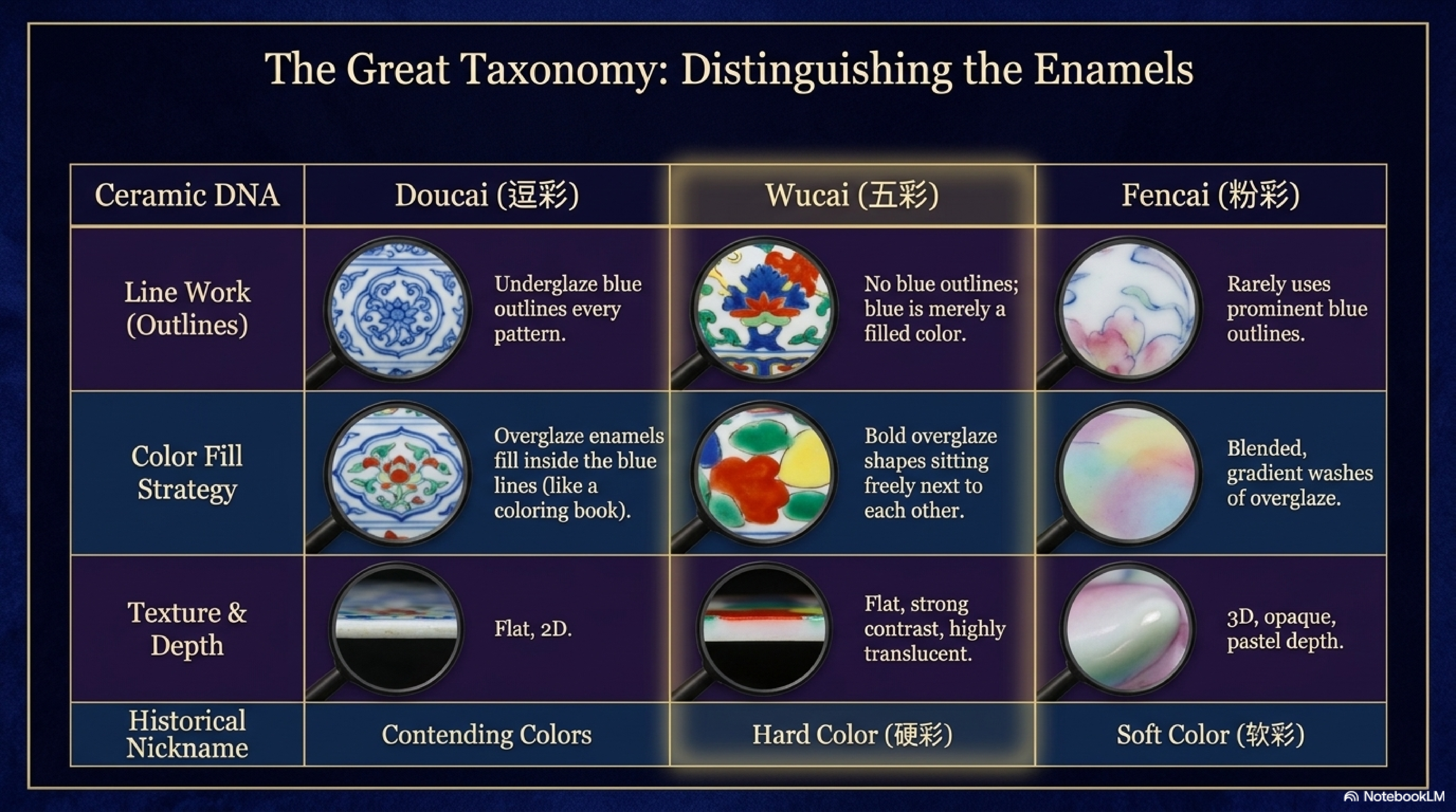 Wucai process diagram — high-fire 1200-1350°C white body, cobalt underglaze decoration, then overglaze polychrome enamels at 700-850°C second firing