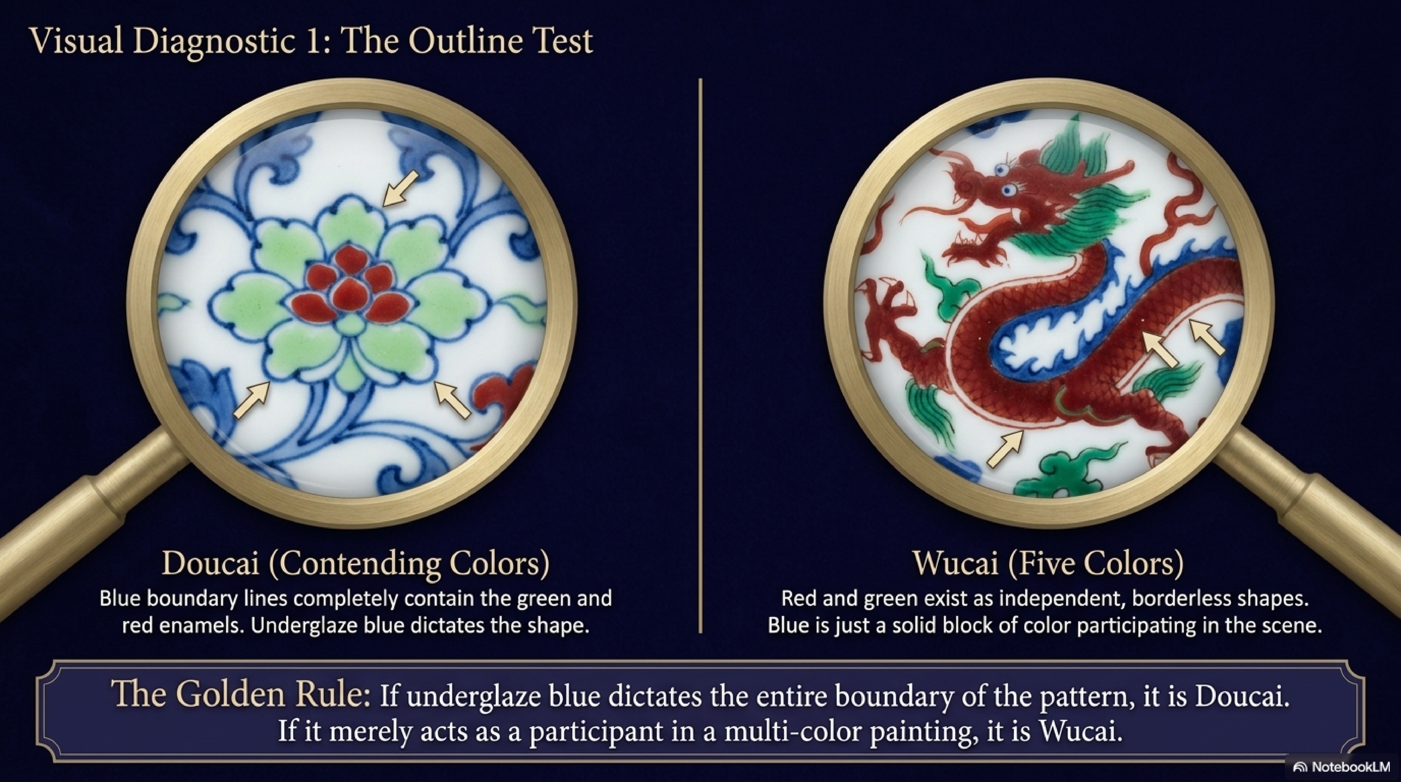 Kangxi hard colour — Wucai piece showing 釉上蓝彩 overglaze blue alongside red, yellow, green and gold, demonstrating the post-Xuande technical liberation
