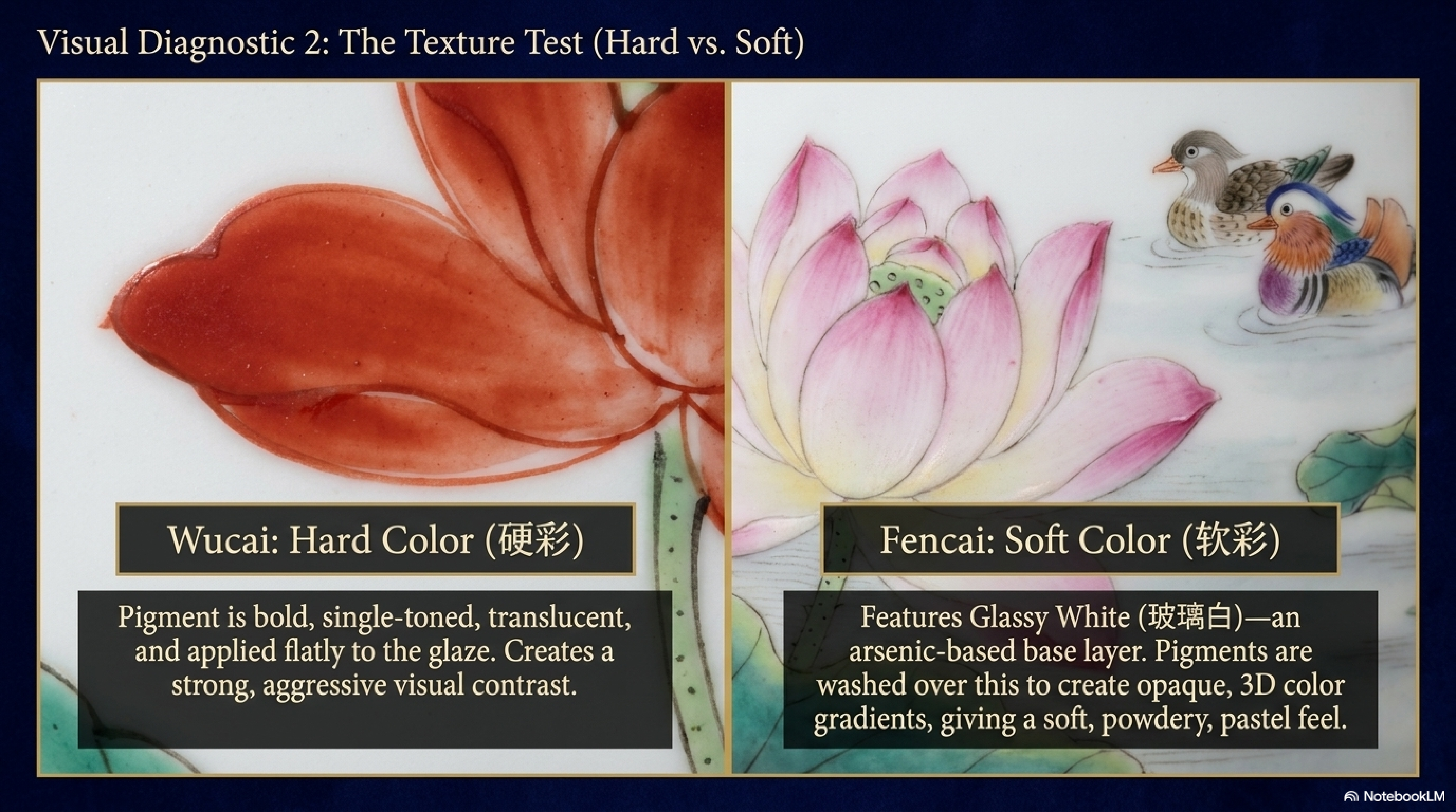 Wucai period comparison — Jiajing date-skin red and peacock green, Wanli full-surface density and red-green contrast, Kangxi overglaze blue and gold with literati figure types