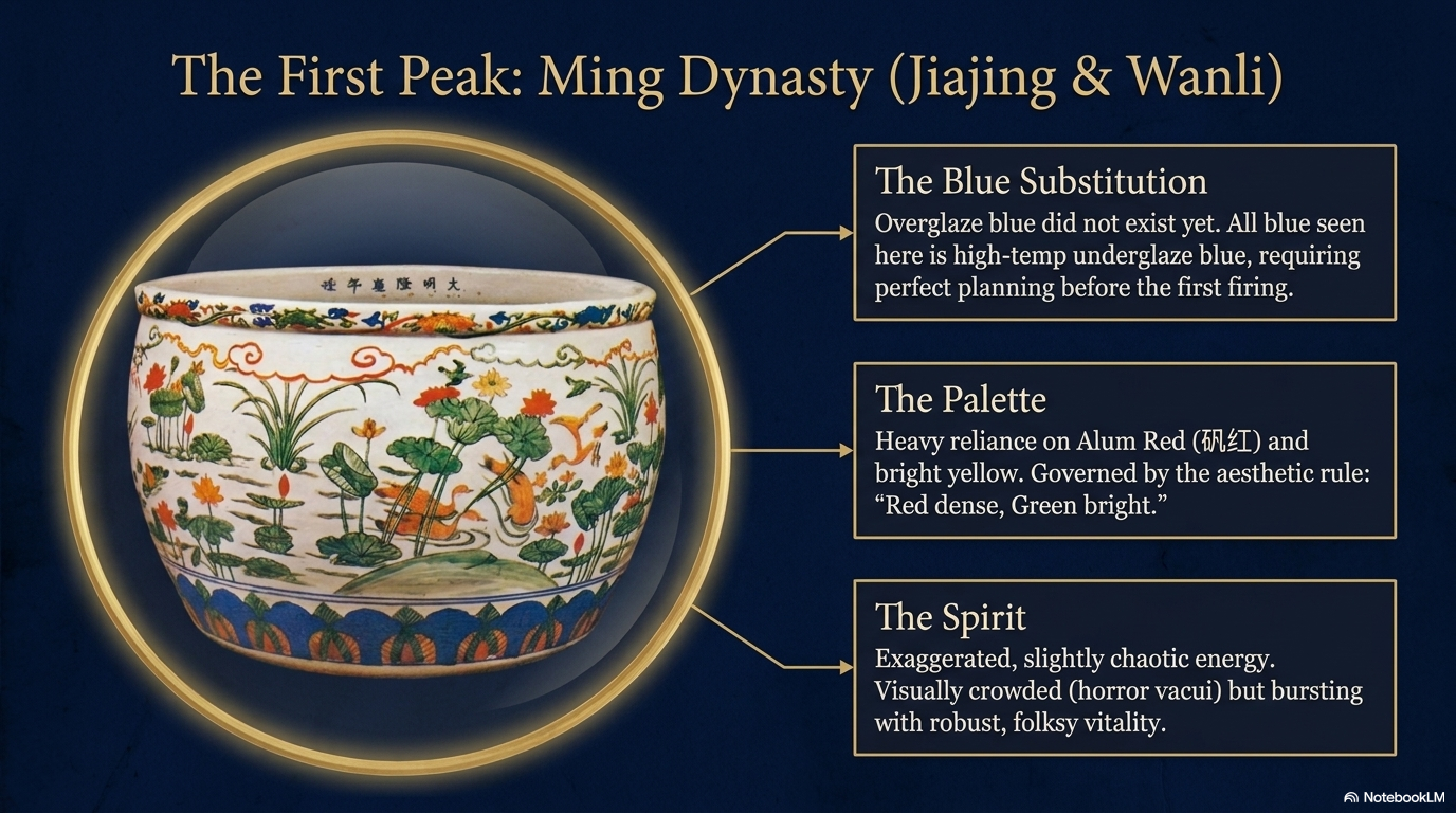 Wucai authentication — 蛤蜊光 on Ming Wanli enamel surface, fire stone red at foot rim boundary, brushwork comparison under magnification