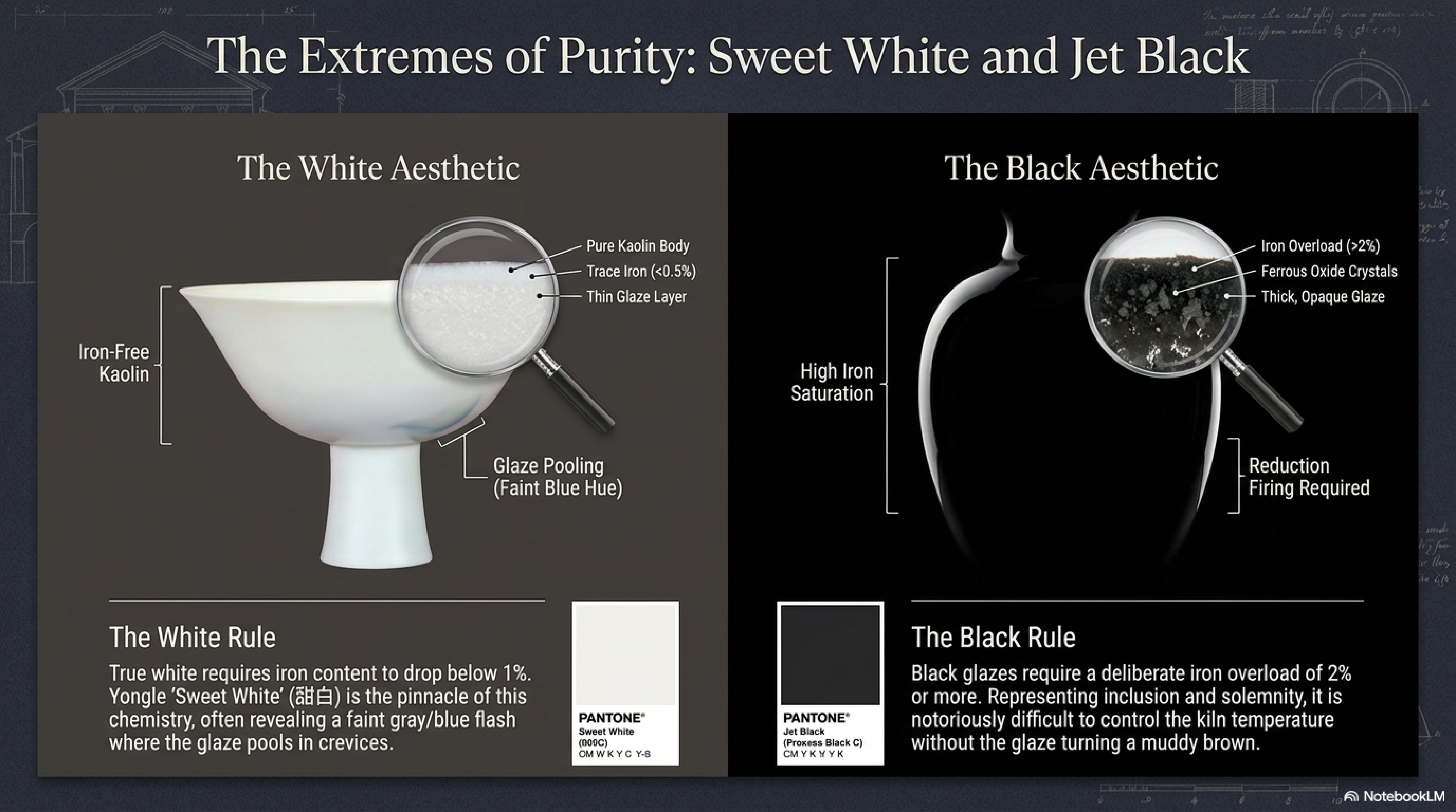 Blue and white monochrome — 祭蓝 deep sapphire cobalt, 洒蓝 mottled sprinkled blue-white, 甜白 translucent sweet white