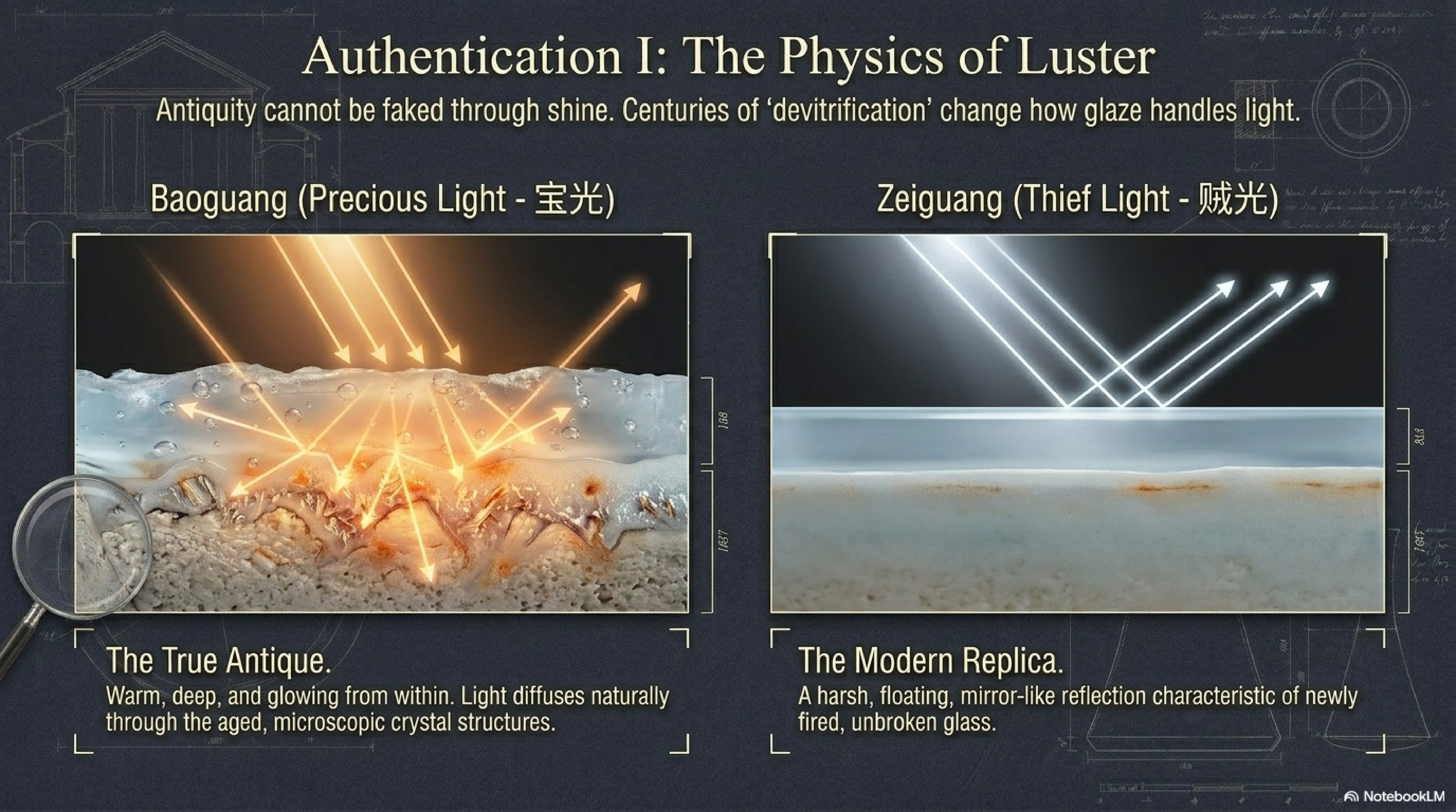 Period comparison of monochrome glaze surface — Yongle smooth surface, Xuande orange-peel texture, Kangxi hard-bright surface, late Qing thin over-refined surface