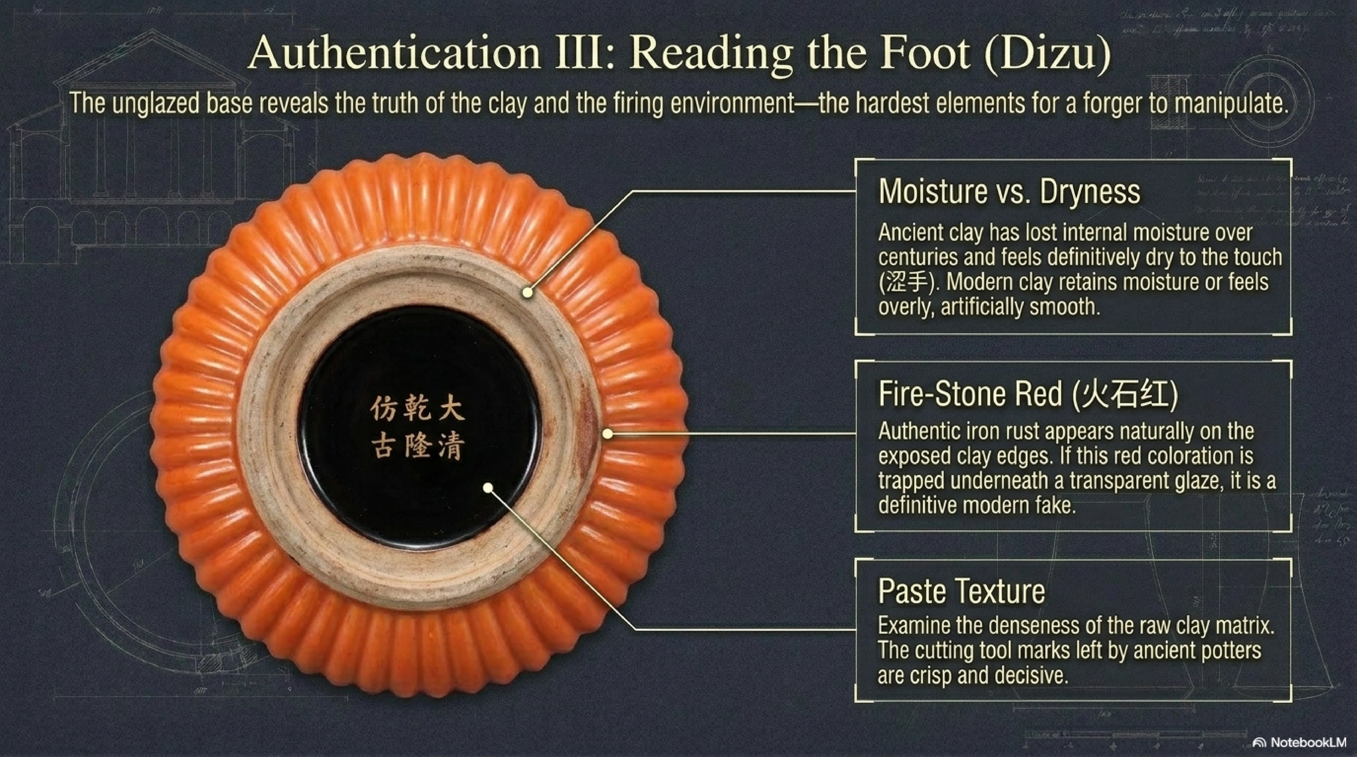 Monochrome authentication — 宝光 internal luminosity of genuine aged glaze versus 浮光 harsh surface brightness of new production, shown under consistent lighting