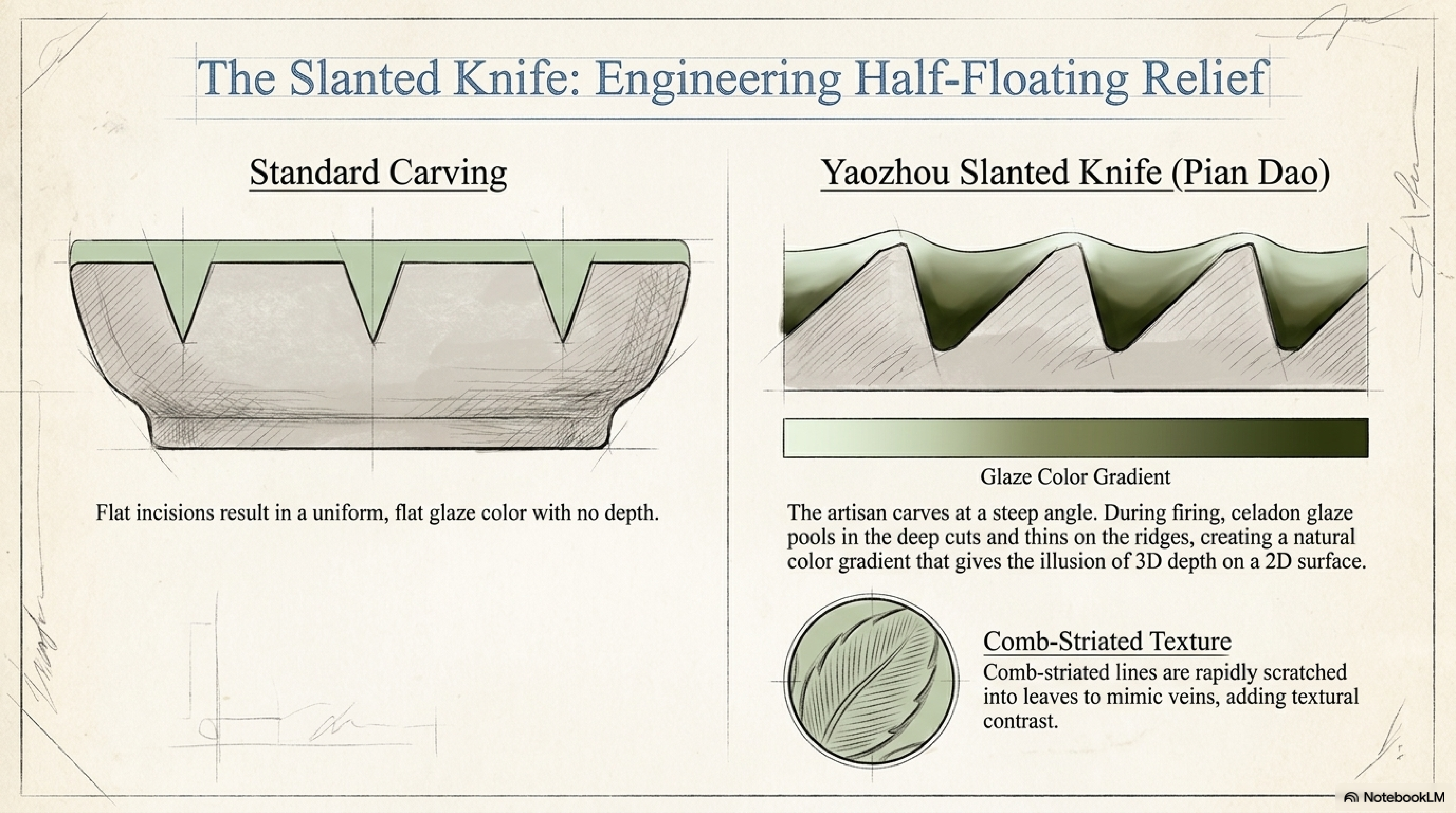 Yaozhou slanted-blade carving technique —偏刀刻花 cross-section diagram showing angled blade position, bevelled cut profile, and how pooled glaze creates relief contrast
