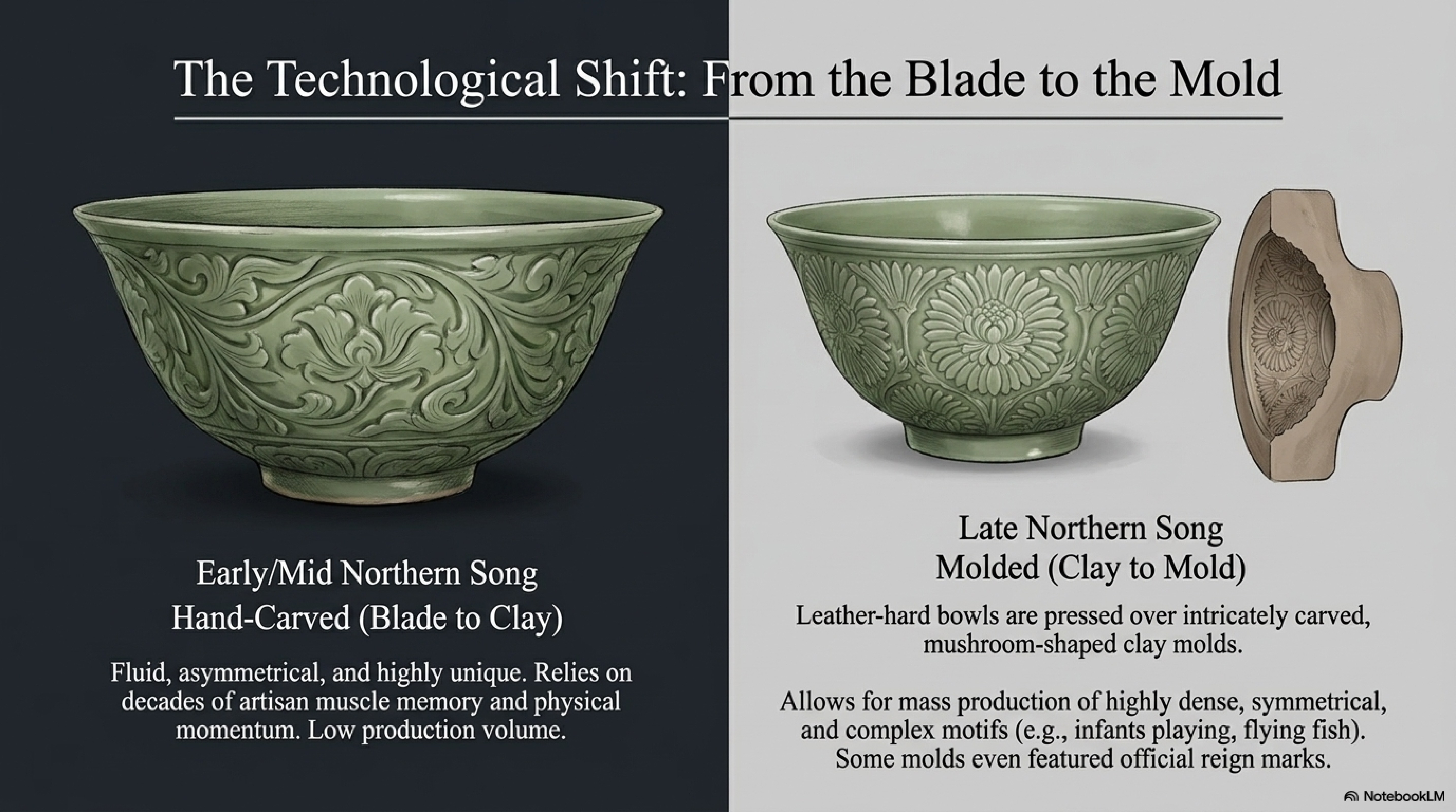 Yaozhou blade-to-mold transition — slanted-blade incised prototype transformed into pressed mold for efficient repeated production of relief-decorated bowls and dishes