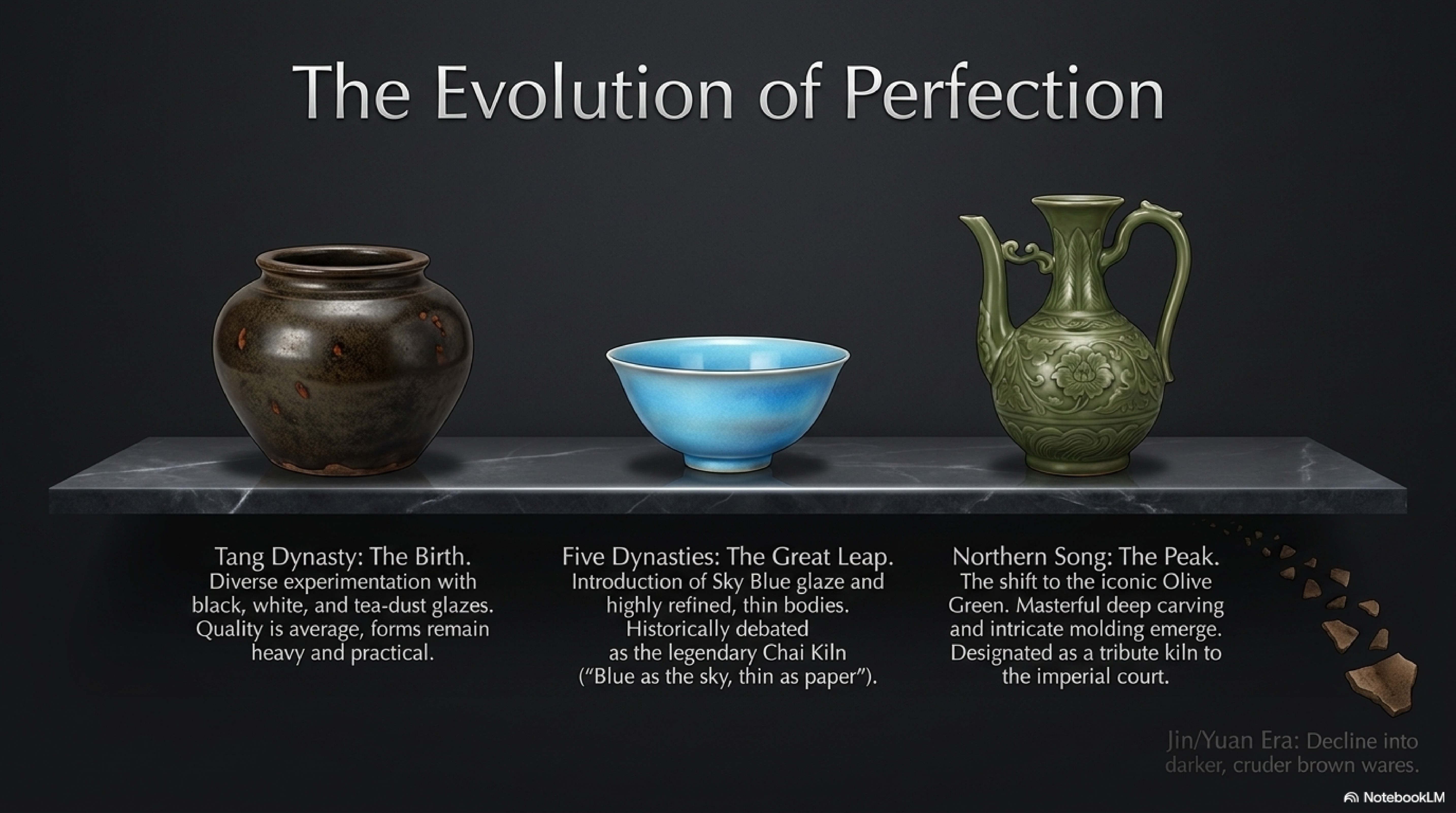 Yaozhou ware evolution across Tang, Five Dynasties, Northern Song, and Jin dynasties — glaze color shift from sky blue to olive green to ginger yellow