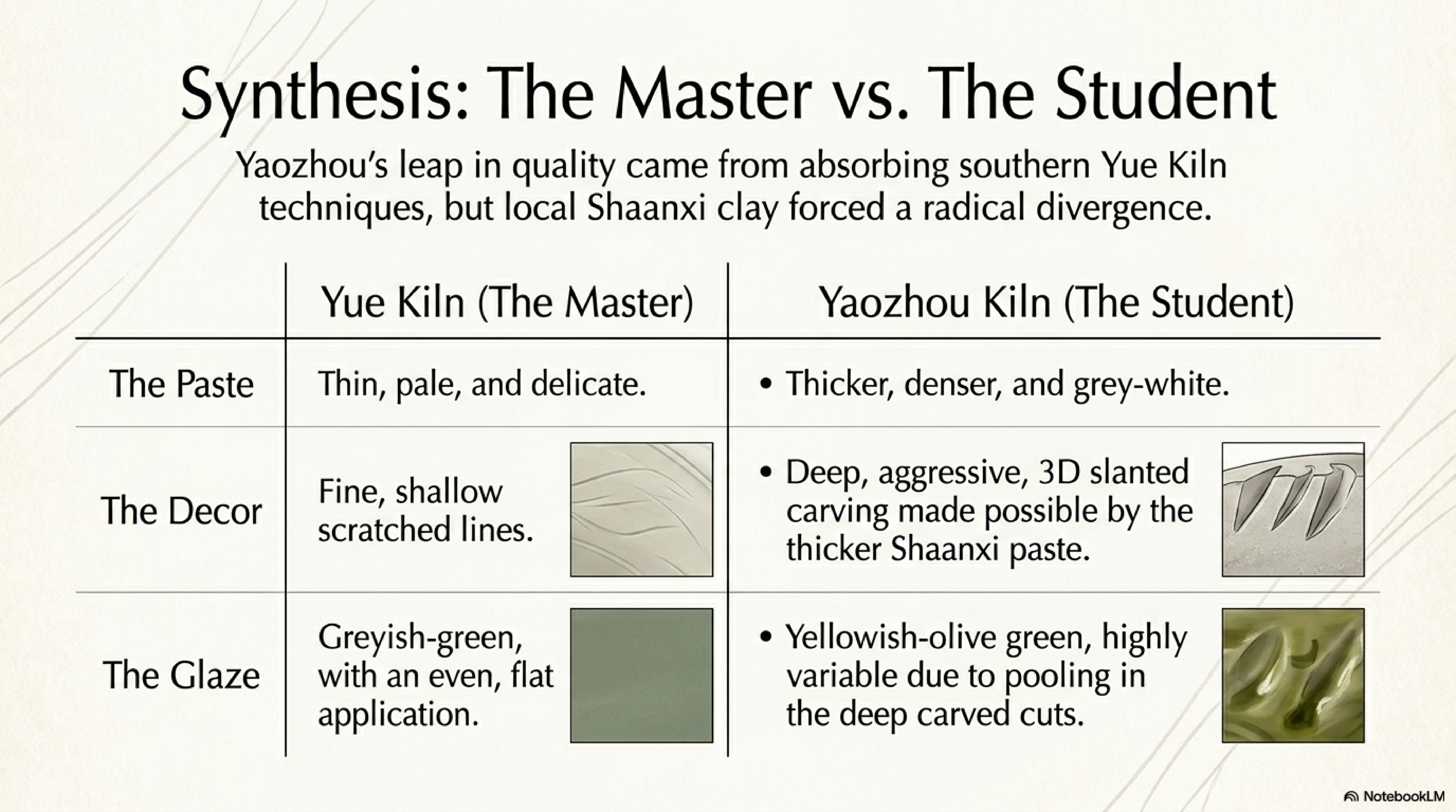 Yaozhou versus Yue ware comparison — Northern Song Yaozhou deep carving and olive green versus Southern Yue celadon thin glaze and pale green, distinguishing two traditions