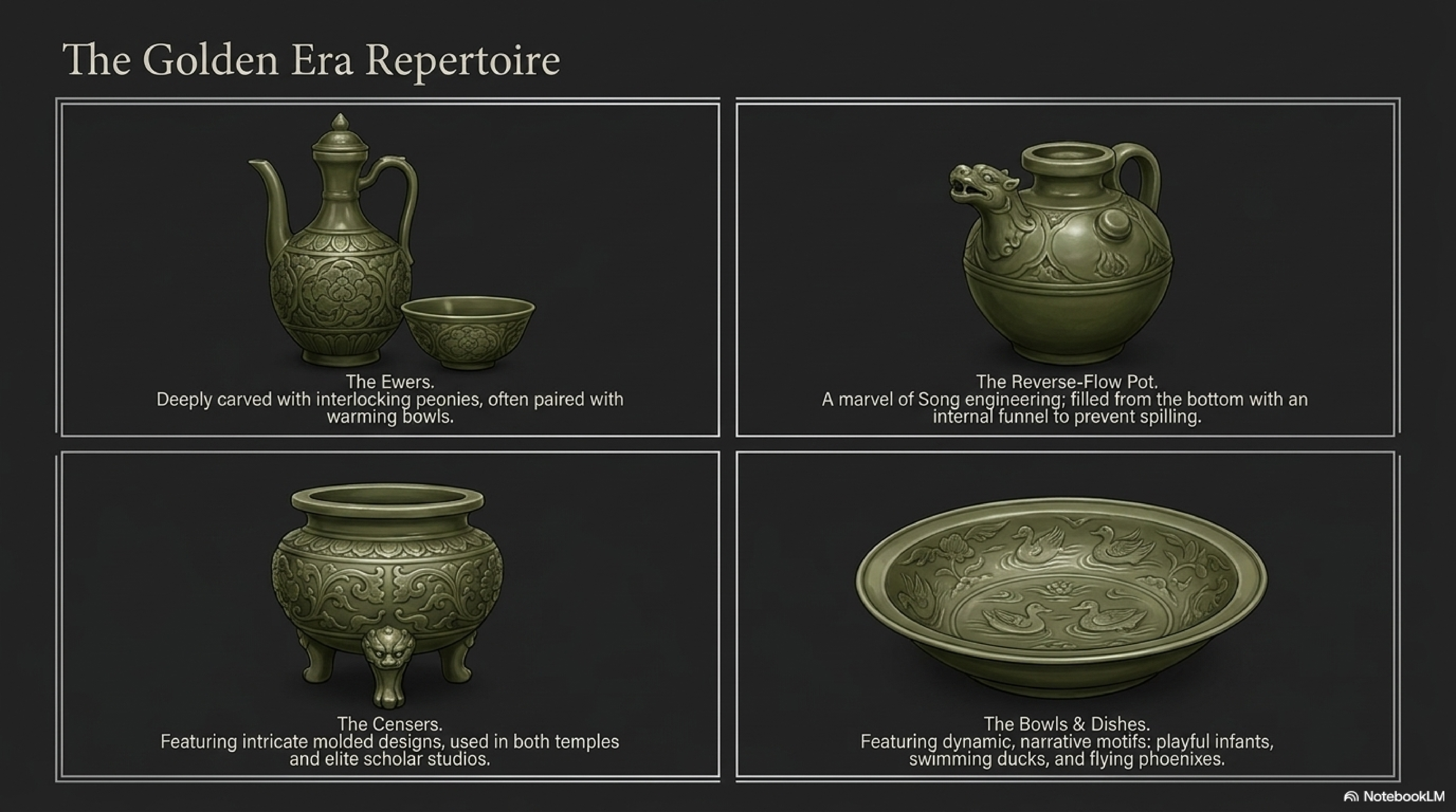 Yaozhou ware repertoire — bowls, meiping vases, ewers, incense burners, and the famous reverse-flow pot (倒流壶), all with slanted-blade carved decoration