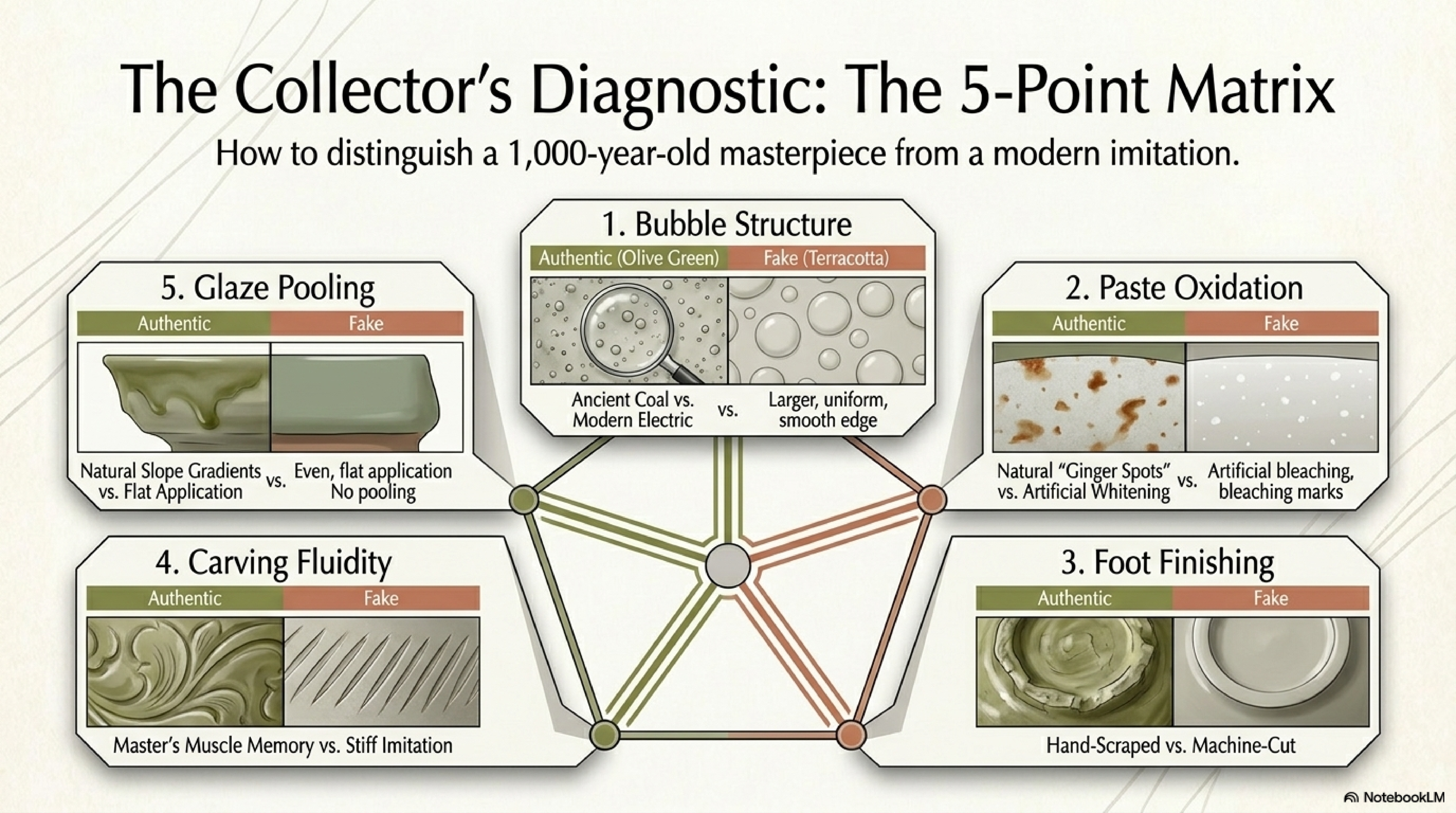 Yaozhou authentication — five-point diagnostic guide showing glaze bubbles, carving quality, foot treatment, colour tone, and sound test