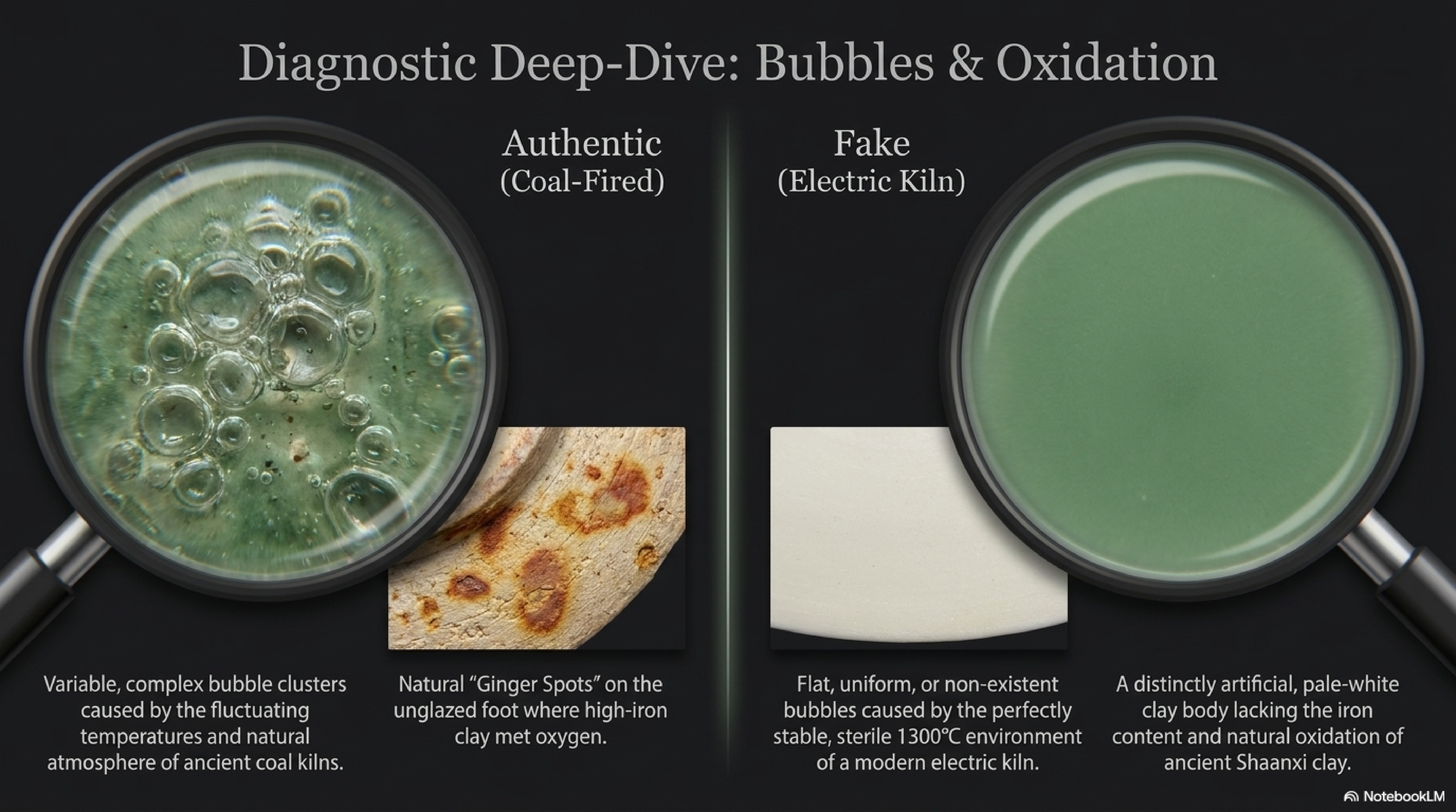 Yaozhou glaze micro-bubble structure — authentic coal-fired dense bubble cluster versus modern electric-kiln sparse or absent bubbles, magnified cross-section comparison