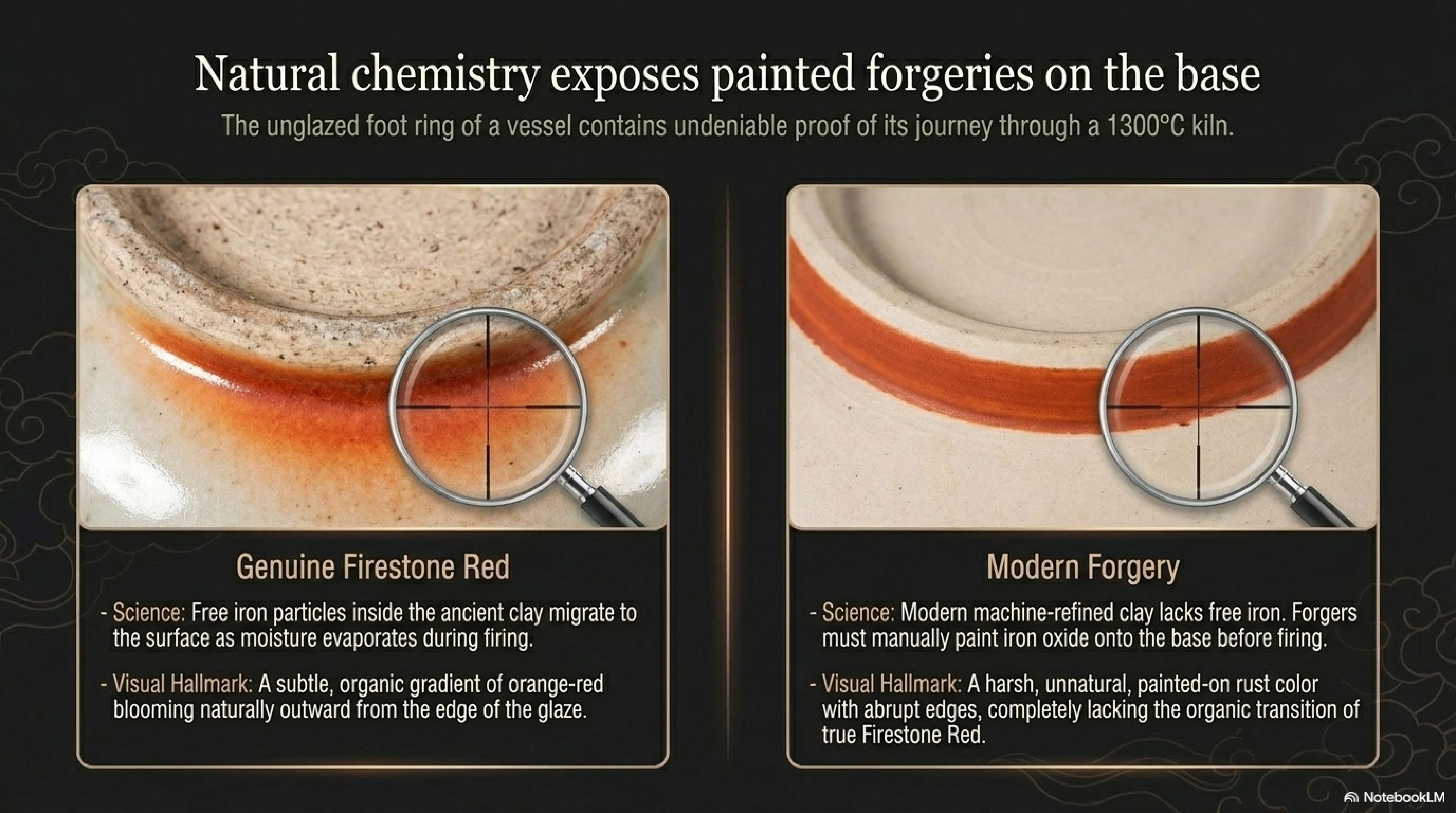 Glaze surface authentication — genuine warm mellow jade-like surface with natural aging luster versus modern fire-flash brightness and acid-washed deadness